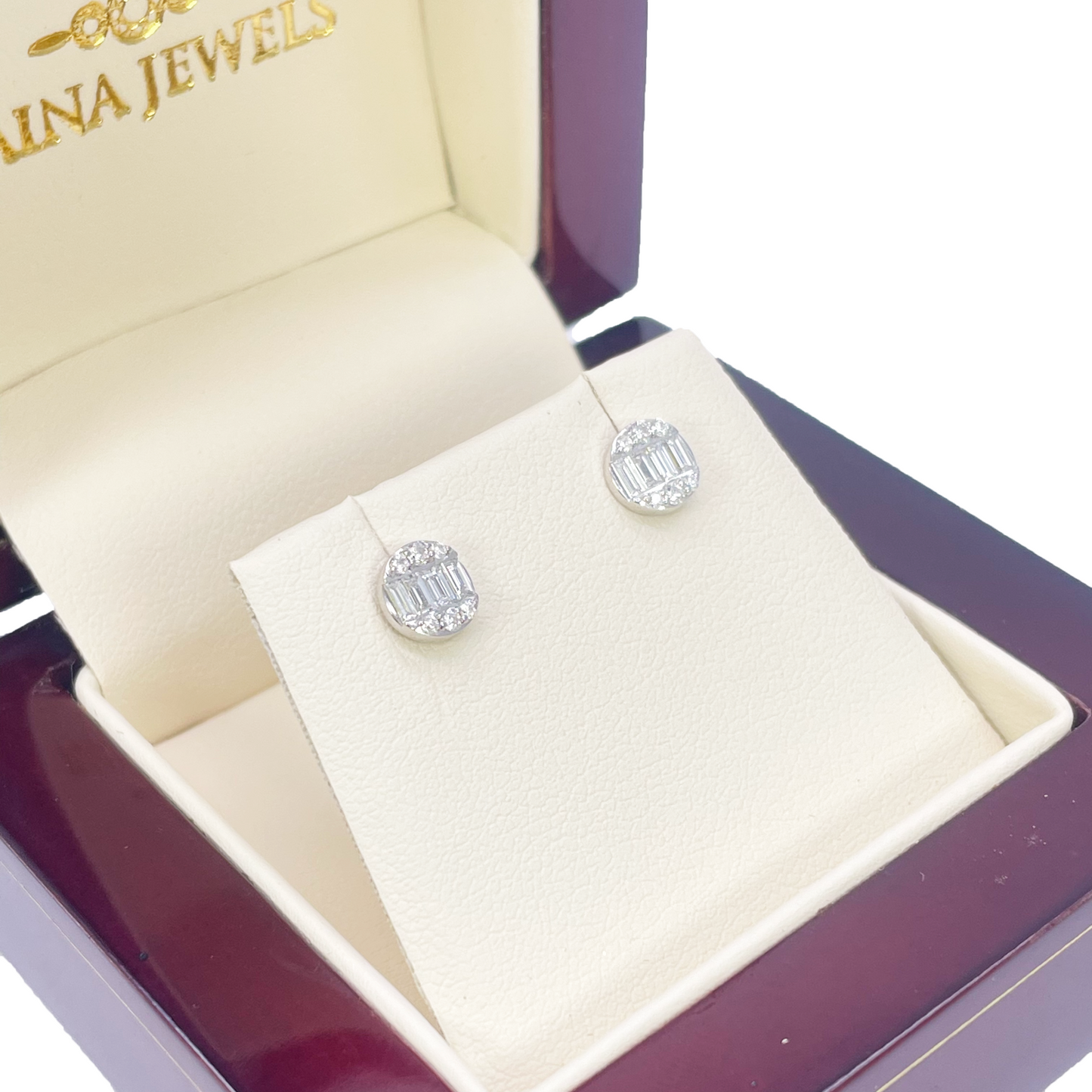 14ct White Gold Natural Diamond Round & Baguette Stud Earrings 0.32ct