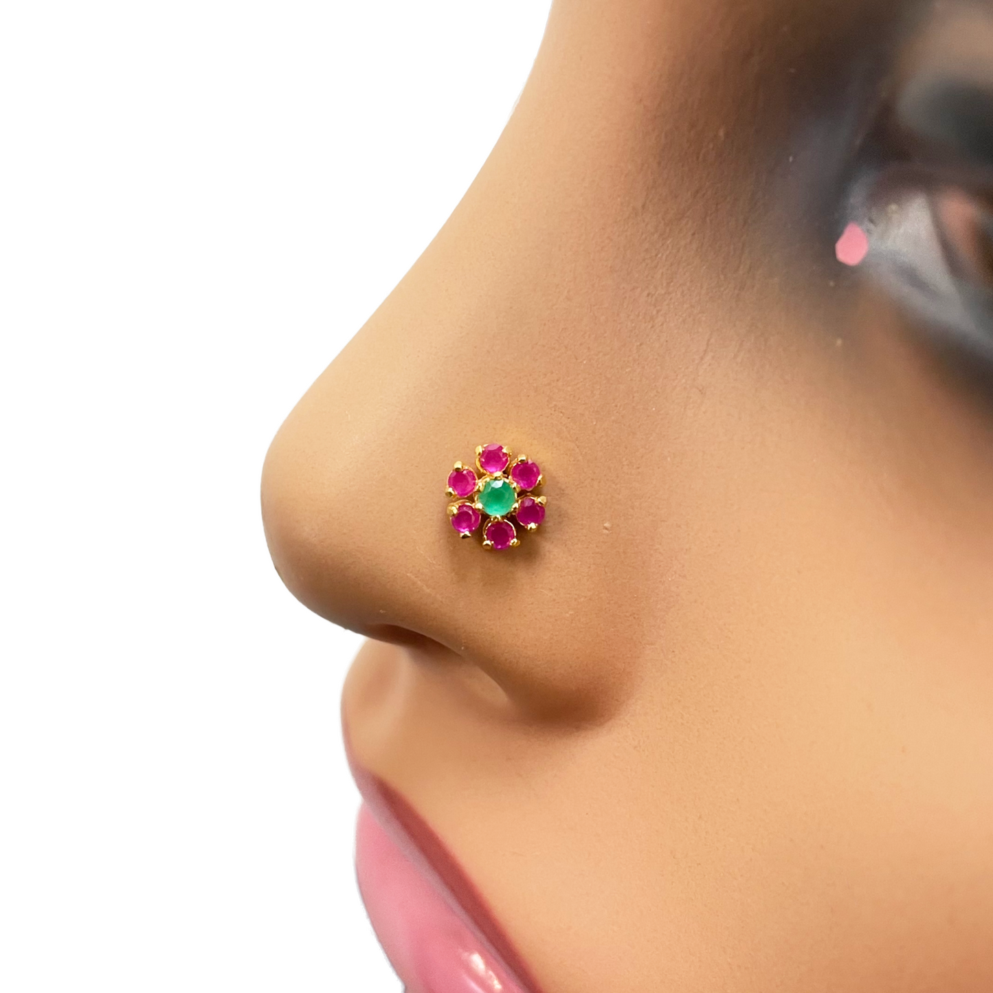 22ct Yellow Gold Flower Shaped Red & Green Gemstone Nose Pin/Stud 6mm Width