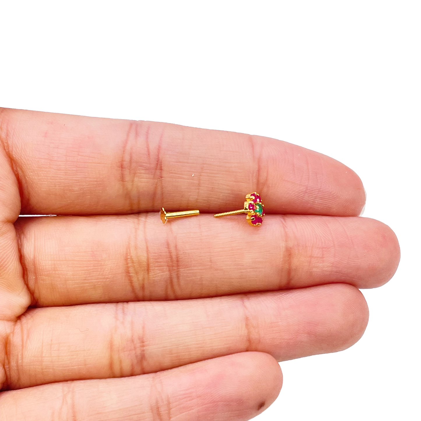 22ct Yellow Gold Flower Shaped Red & Green Gemstone Nose Pin/Stud 6mm Width