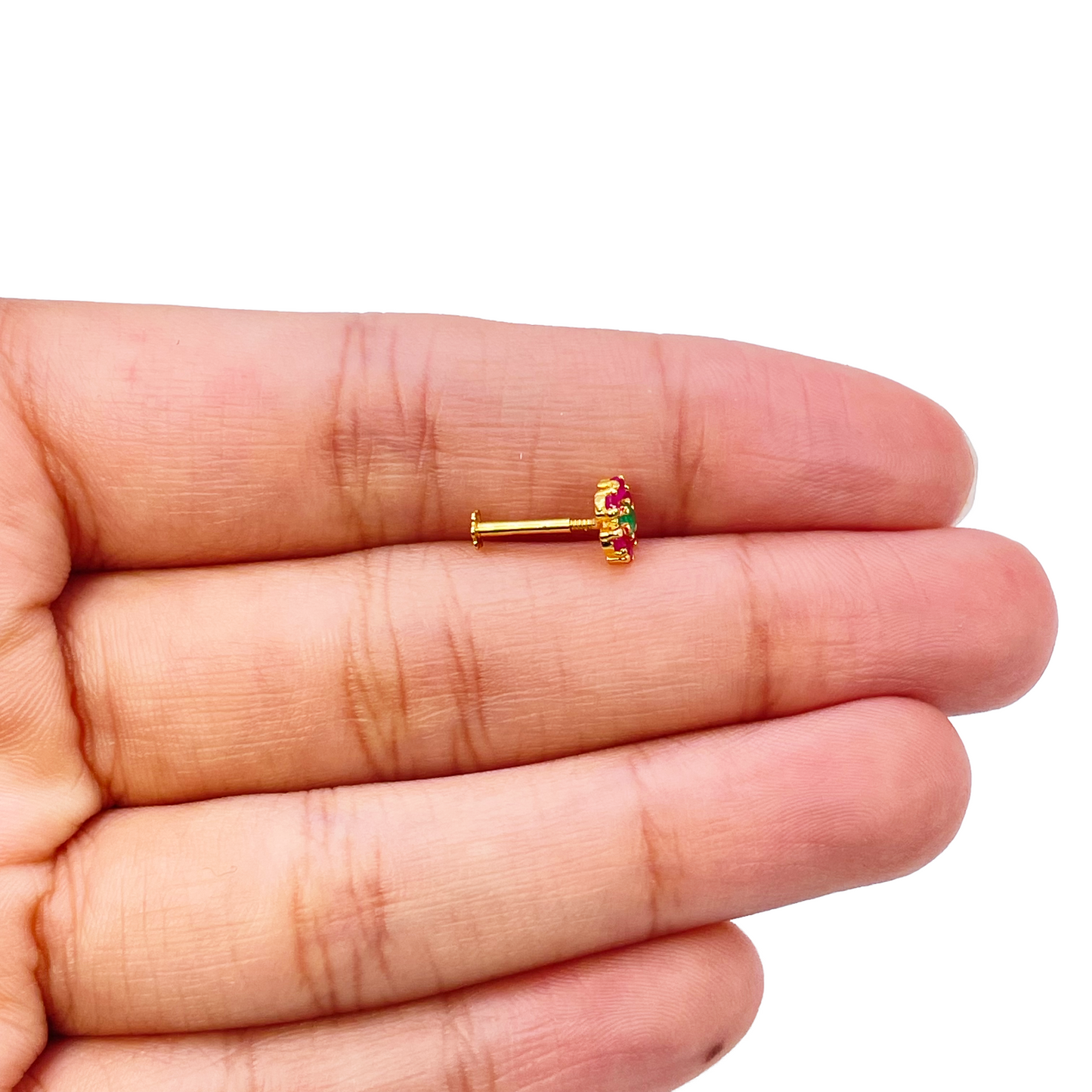 22ct Yellow Gold Flower Shaped Red & Green Gemstone Nose Pin/Stud 6mm Width