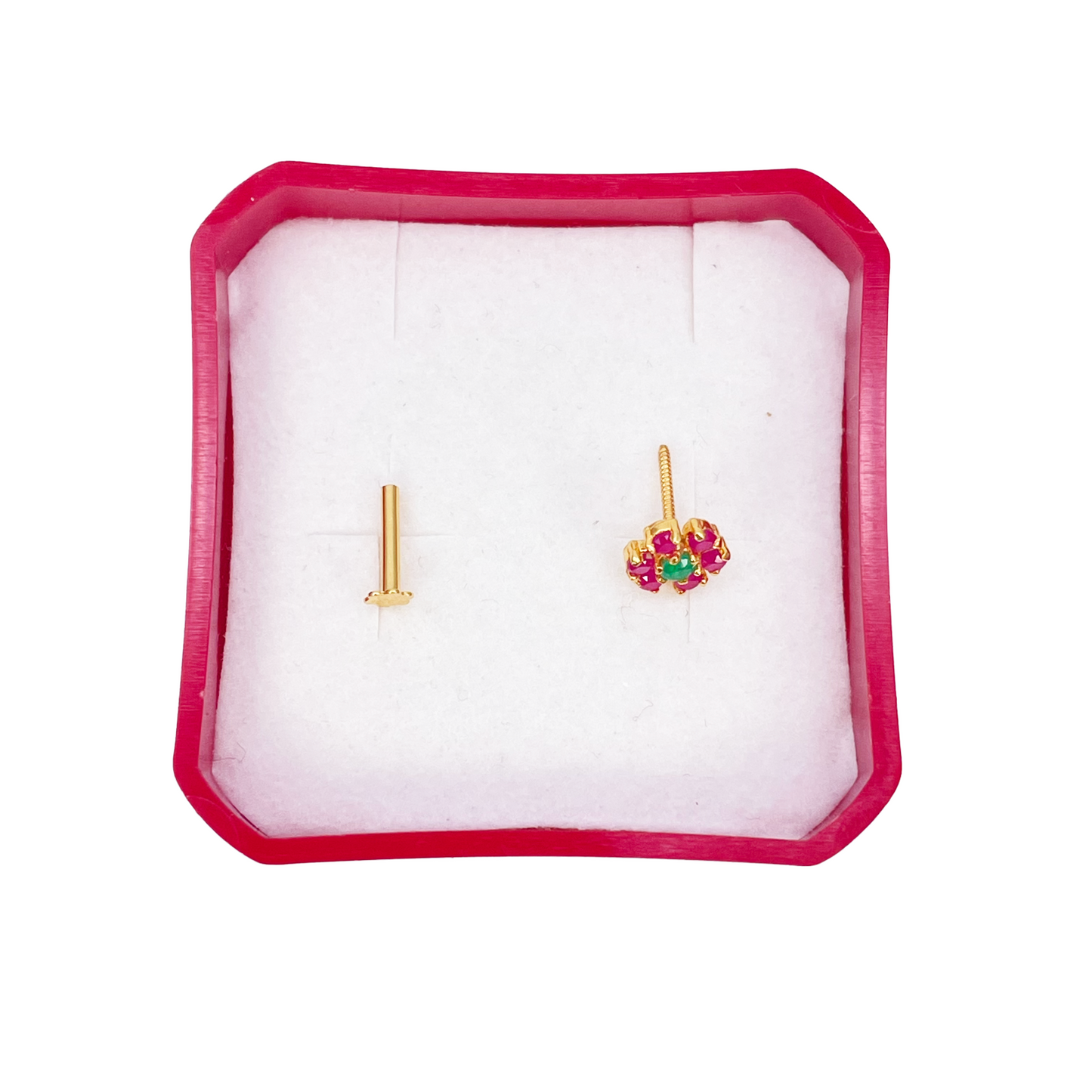 22ct Yellow Gold Flower Shaped Red & Green Gemstone Nose Pin/Stud 6mm Width
