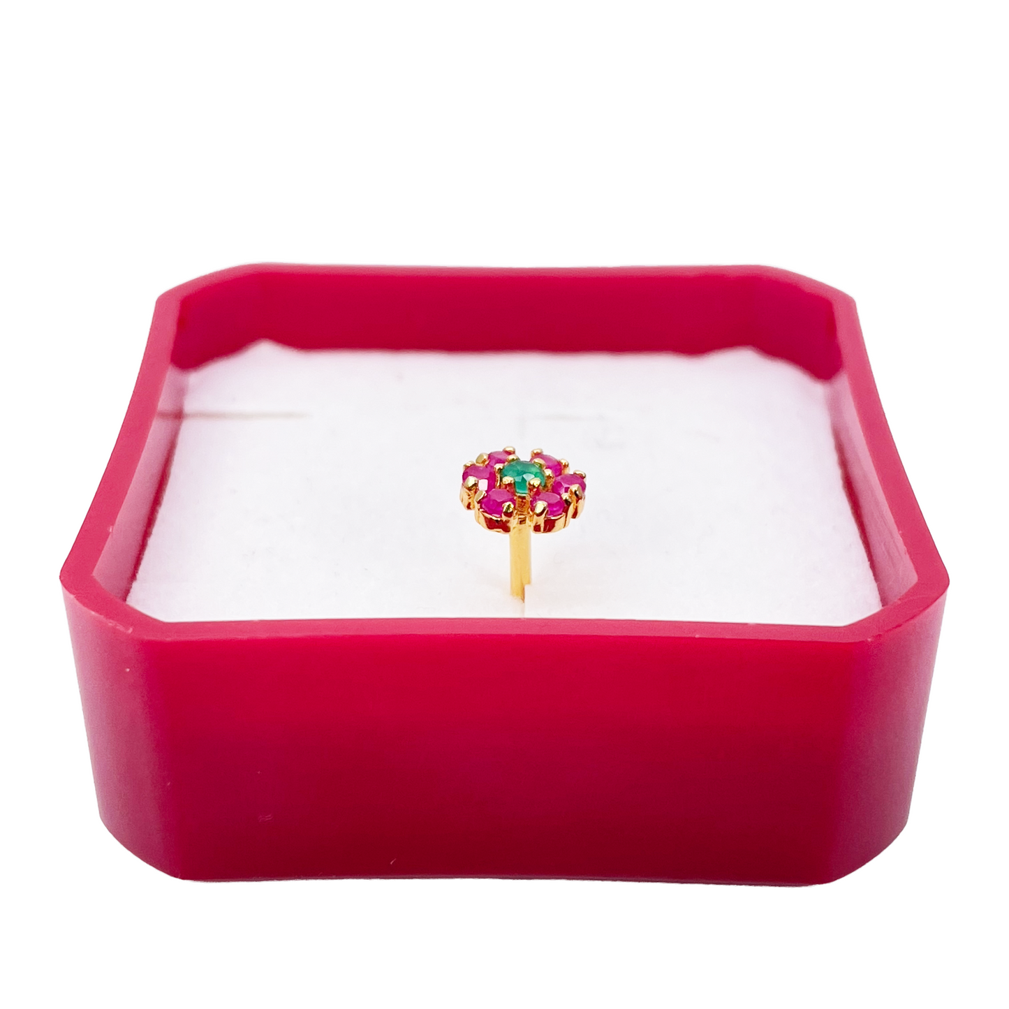 22ct Yellow Gold Flower Shaped Red & Green Gemstone Nose Pin/Stud 6mm Width