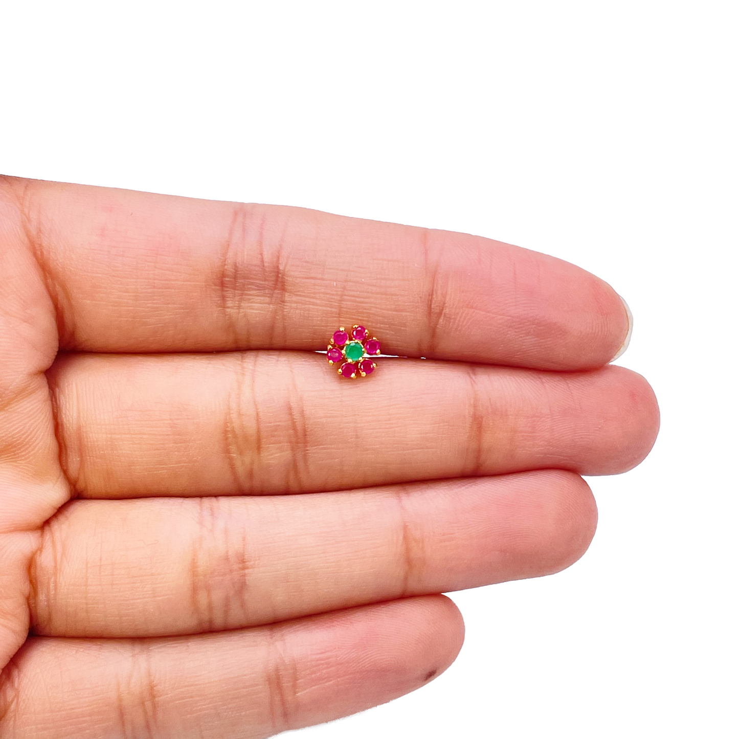 22ct Yellow Gold Flower Shaped Red & Green Gemstone Nose Pin/Stud 6mm Width