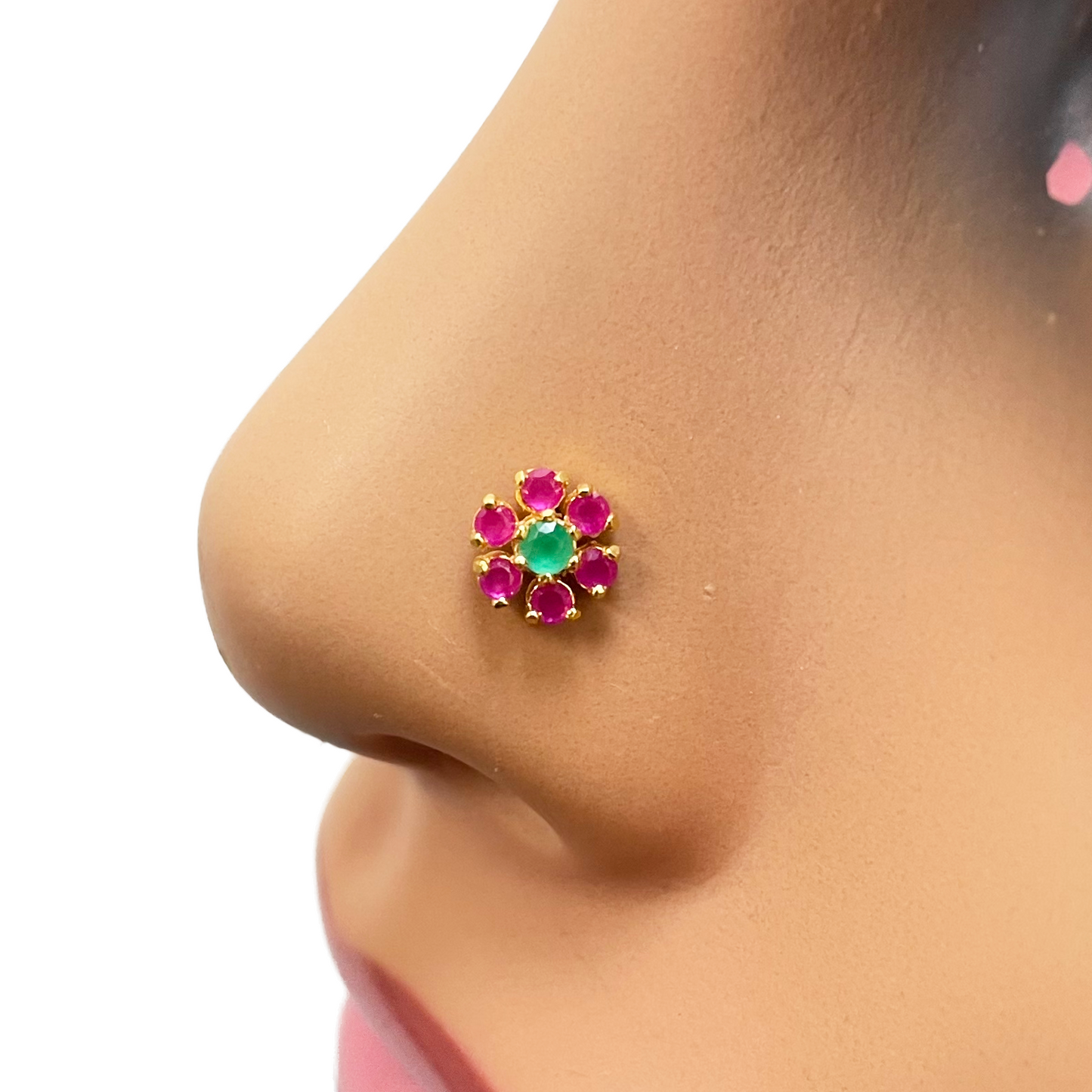 22ct Yellow Gold Flower Shaped Red & Green Gemstone Nose Pin/Stud 6mm Width