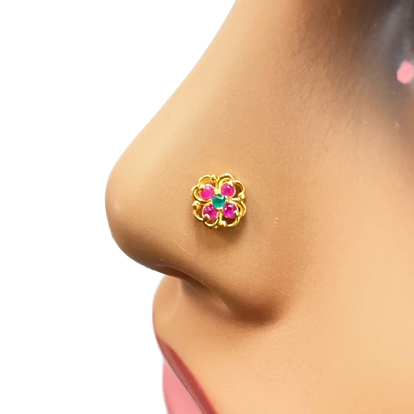22ct Yellow Gold Floral Shaped Red & Green Gemstone Nose Pin/Stud 6.5mm Width