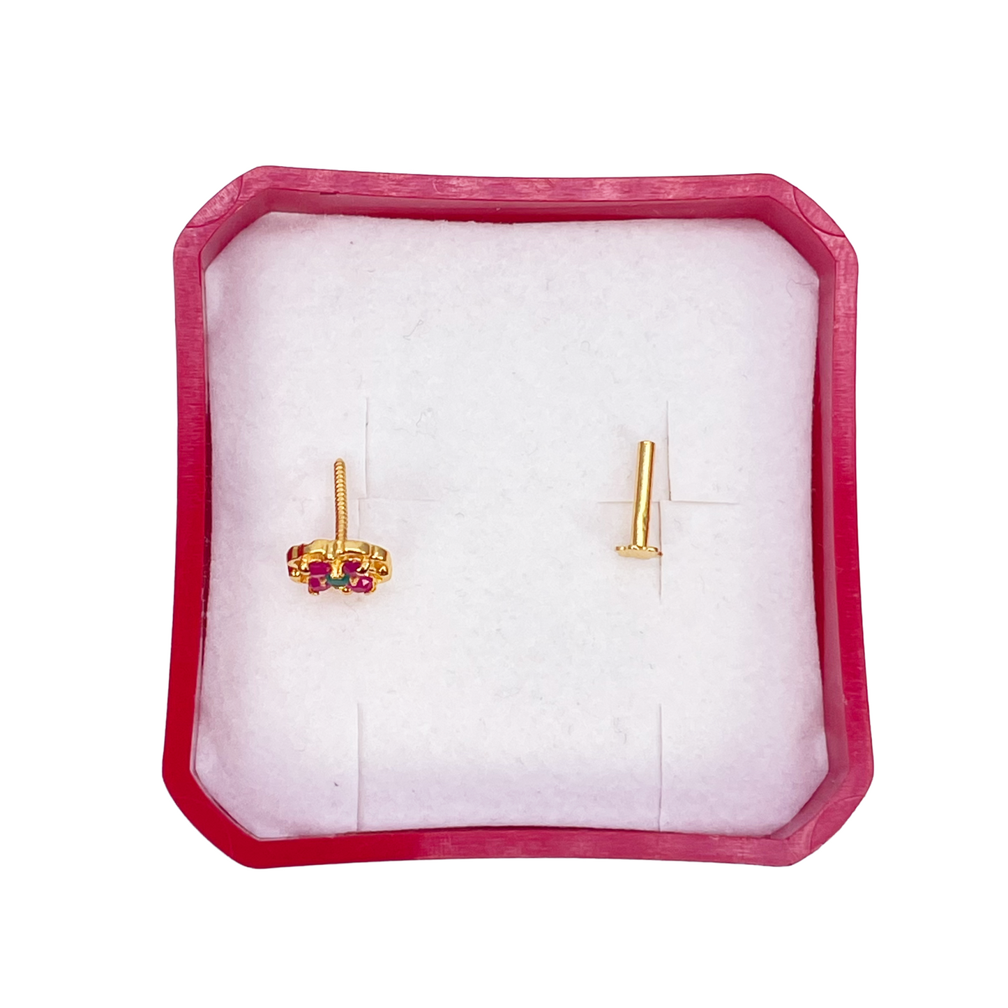 22ct Yellow Gold Floral Shaped Red & Green Gemstone Nose Pin/Stud 6.5mm Width