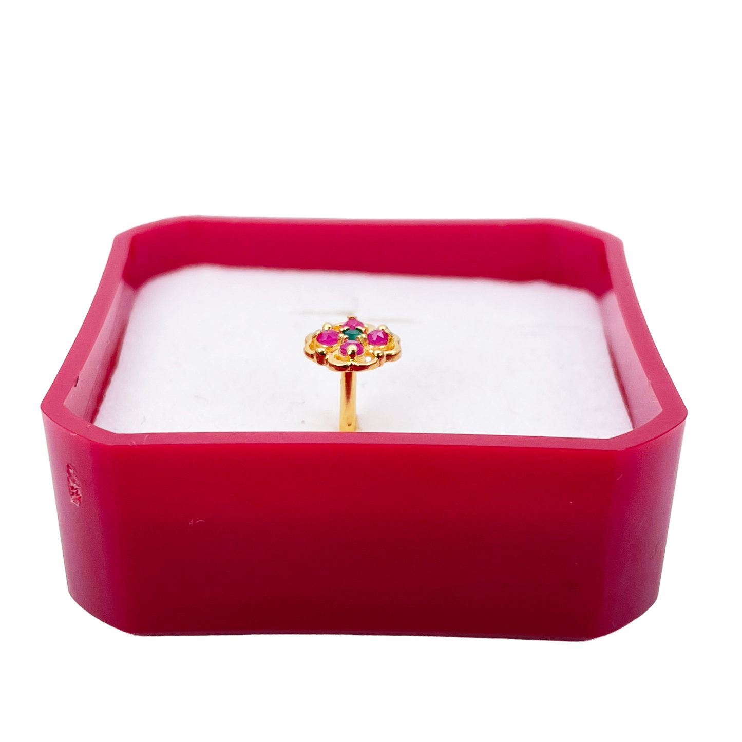 22ct Yellow Gold Floral Shaped Red & Green Gemstone Nose Pin/Stud 6.5mm Width