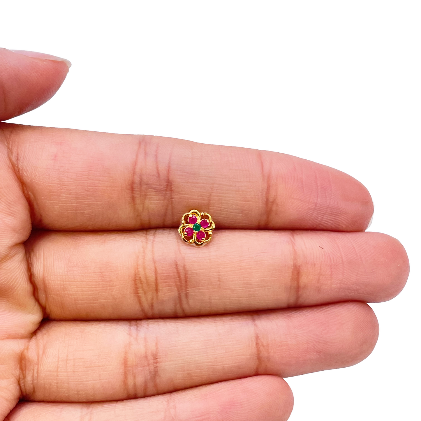 22ct Yellow Gold Floral Shaped Red & Green Gemstone Nose Pin/Stud 6.5mm Width