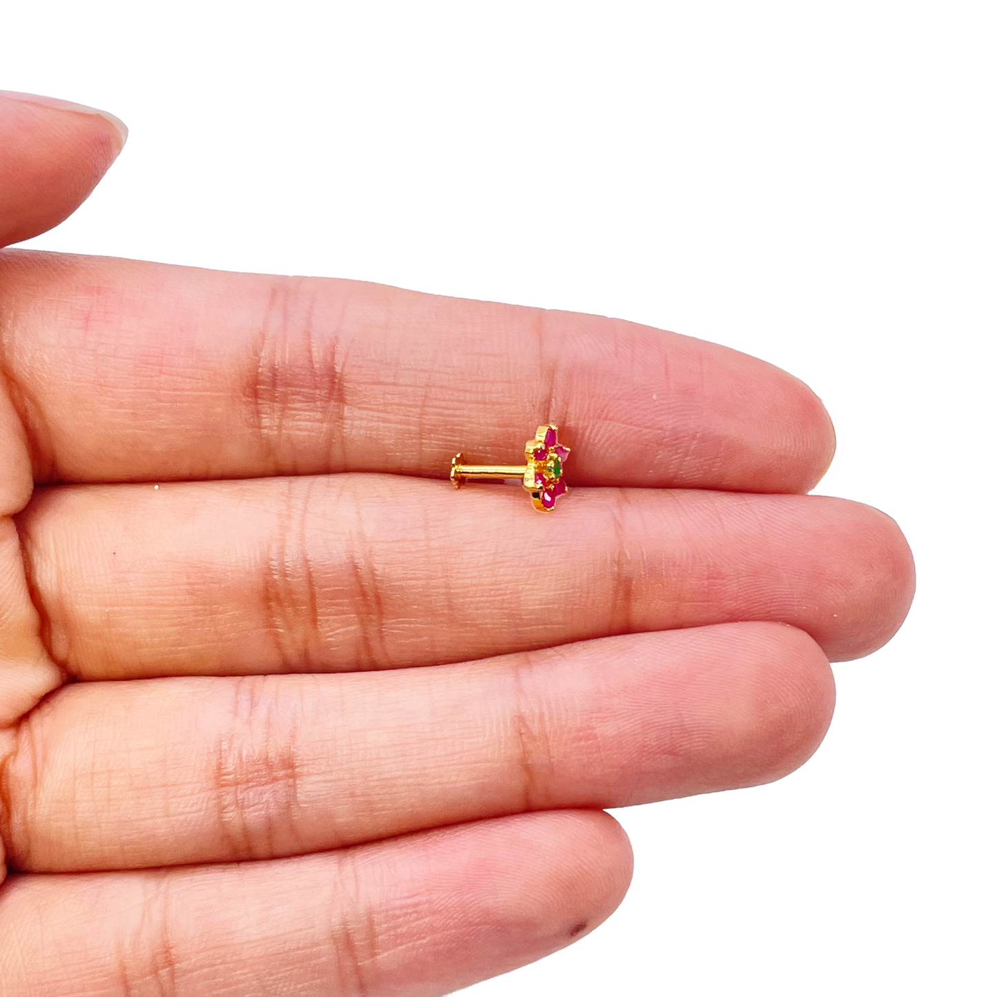 22ct Yellow Gold Floral Shaped Red & Green Gemstone Nose Pin/Stud 5.9mm Width