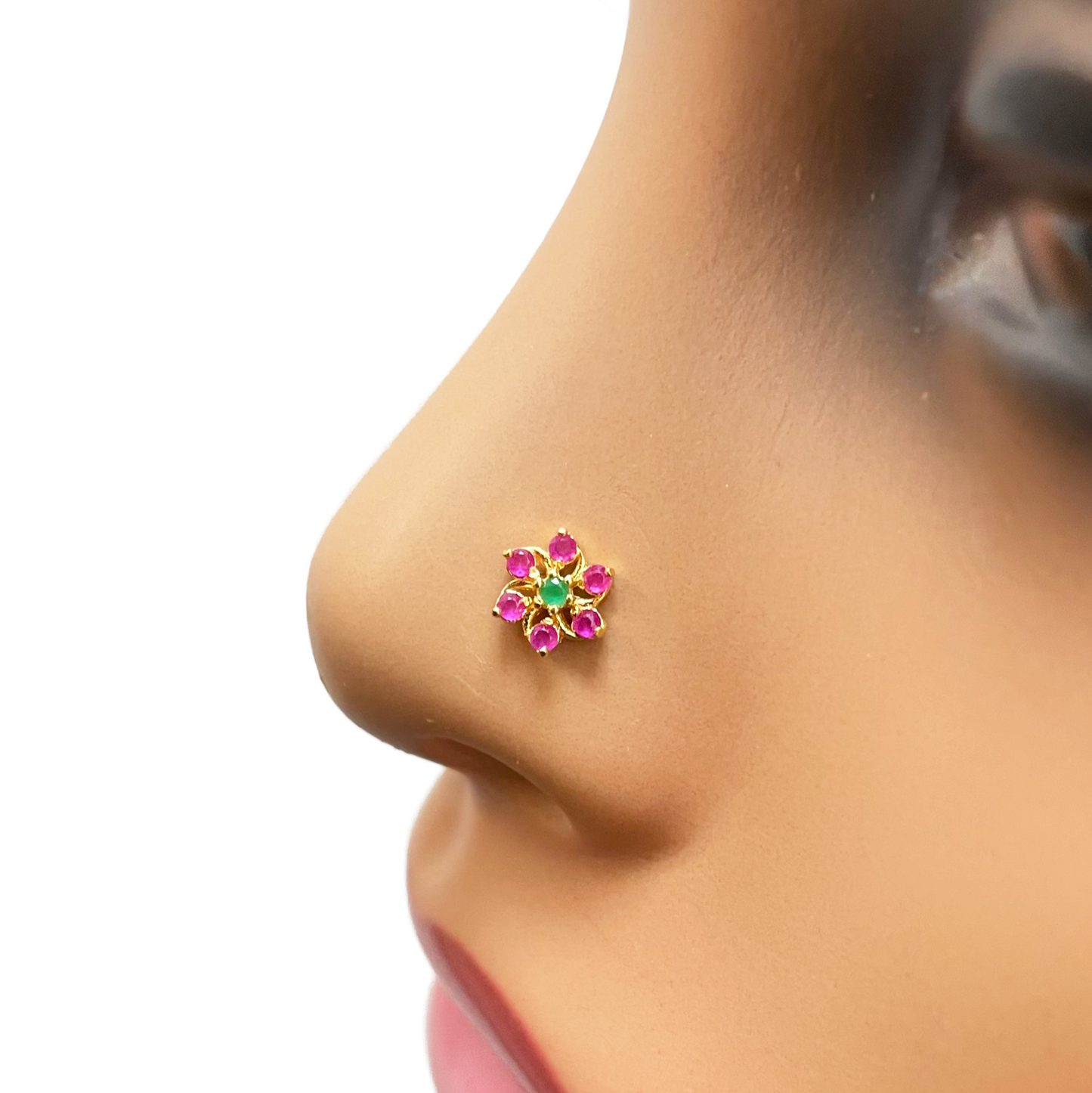22ct Yellow Gold Floral Shaped Red & Green Gemstone Nose Pin/Stud 5.9mm Width