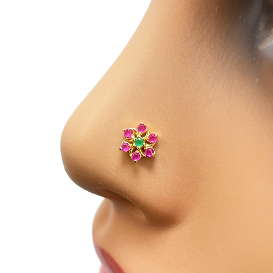 22ct Yellow Gold Floral Shaped Red & Green Gemstone Nose Pin/Stud 5.9mm Width