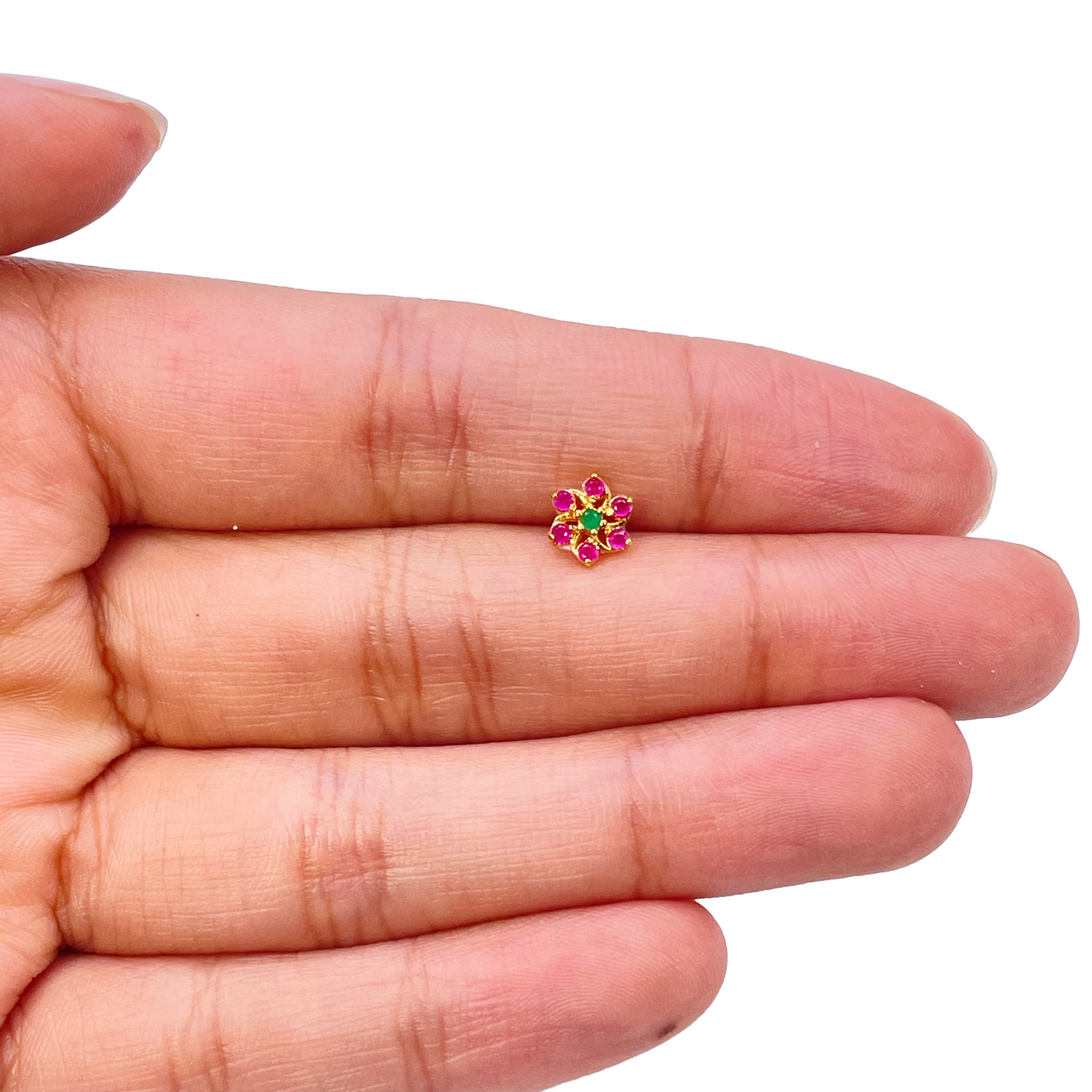 22ct Yellow Gold Floral Shaped Red & Green Gemstone Nose Pin/Stud 5.9mm Width