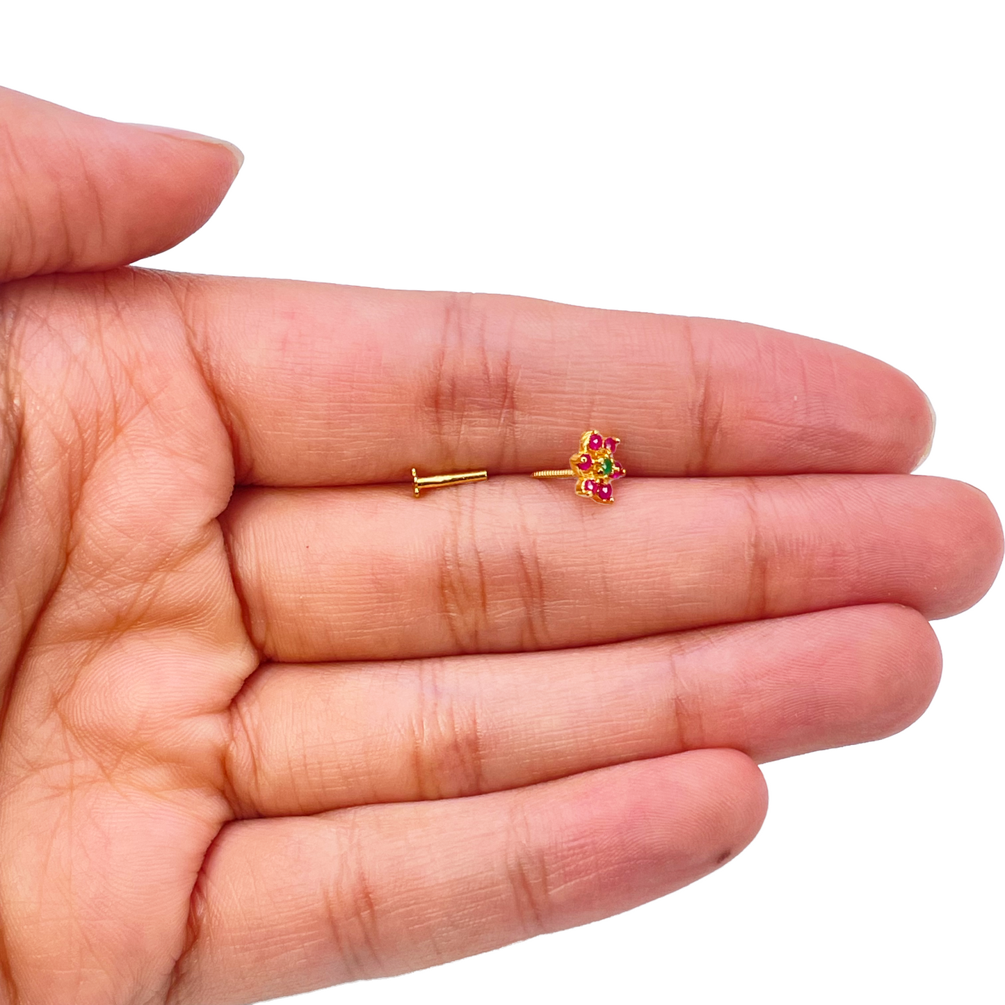 22ct Yellow Gold Floral Shaped Red & Green Gemstone Nose Pin/Stud 5.9mm Width