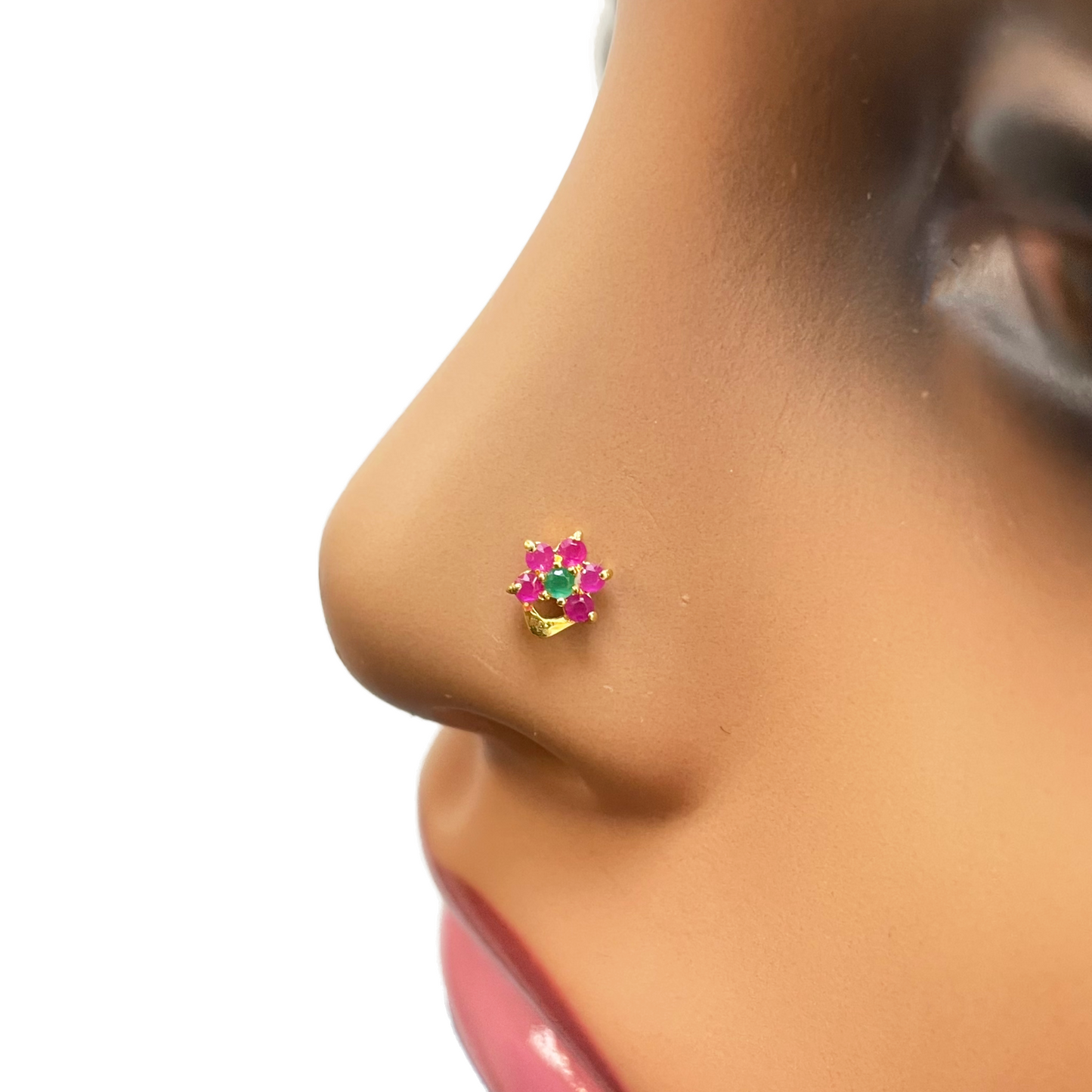 22ct Yellow Gold Floral Shaped Red & Green Gemstone Nose Pin/Stud 5.1mm Width