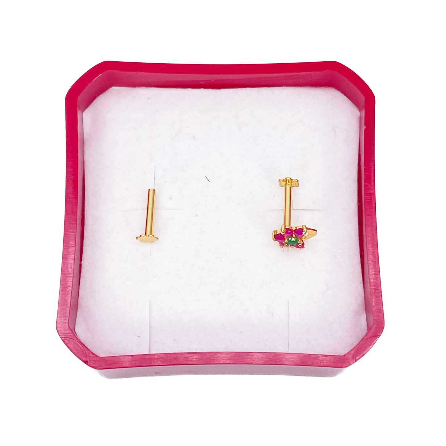 22ct Yellow Gold Floral Shaped Red & Green Gemstone Nose Pin/Stud 5.1mm Width