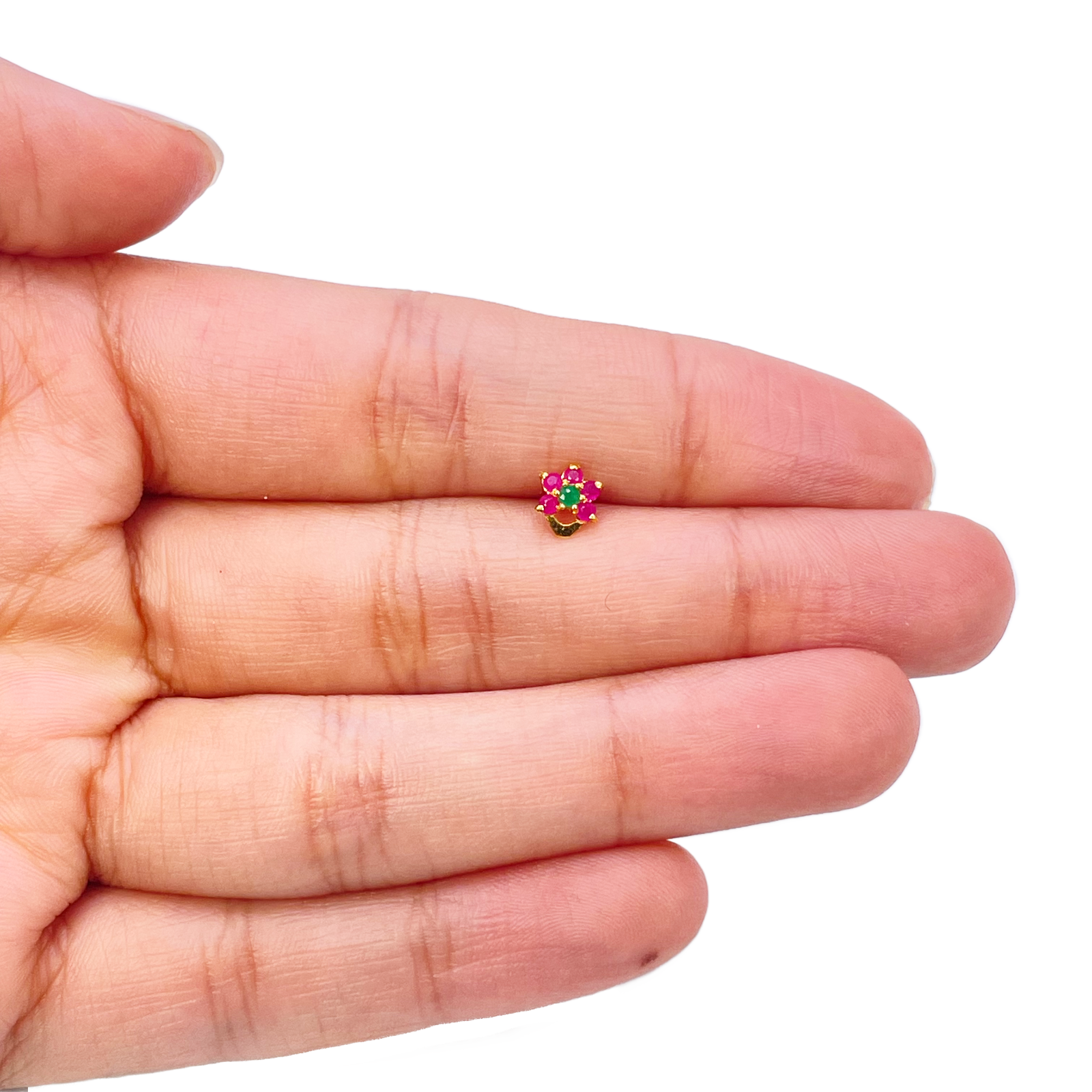 22ct Yellow Gold Floral Shaped Red & Green Gemstone Nose Pin/Stud 5.1mm Width