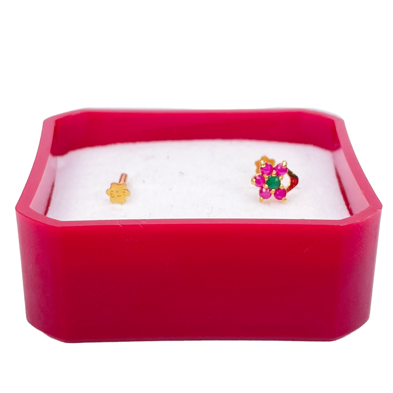 22ct Yellow Gold Floral Shaped Red & Green Gemstone Nose Pin/Stud 5.1mm Width