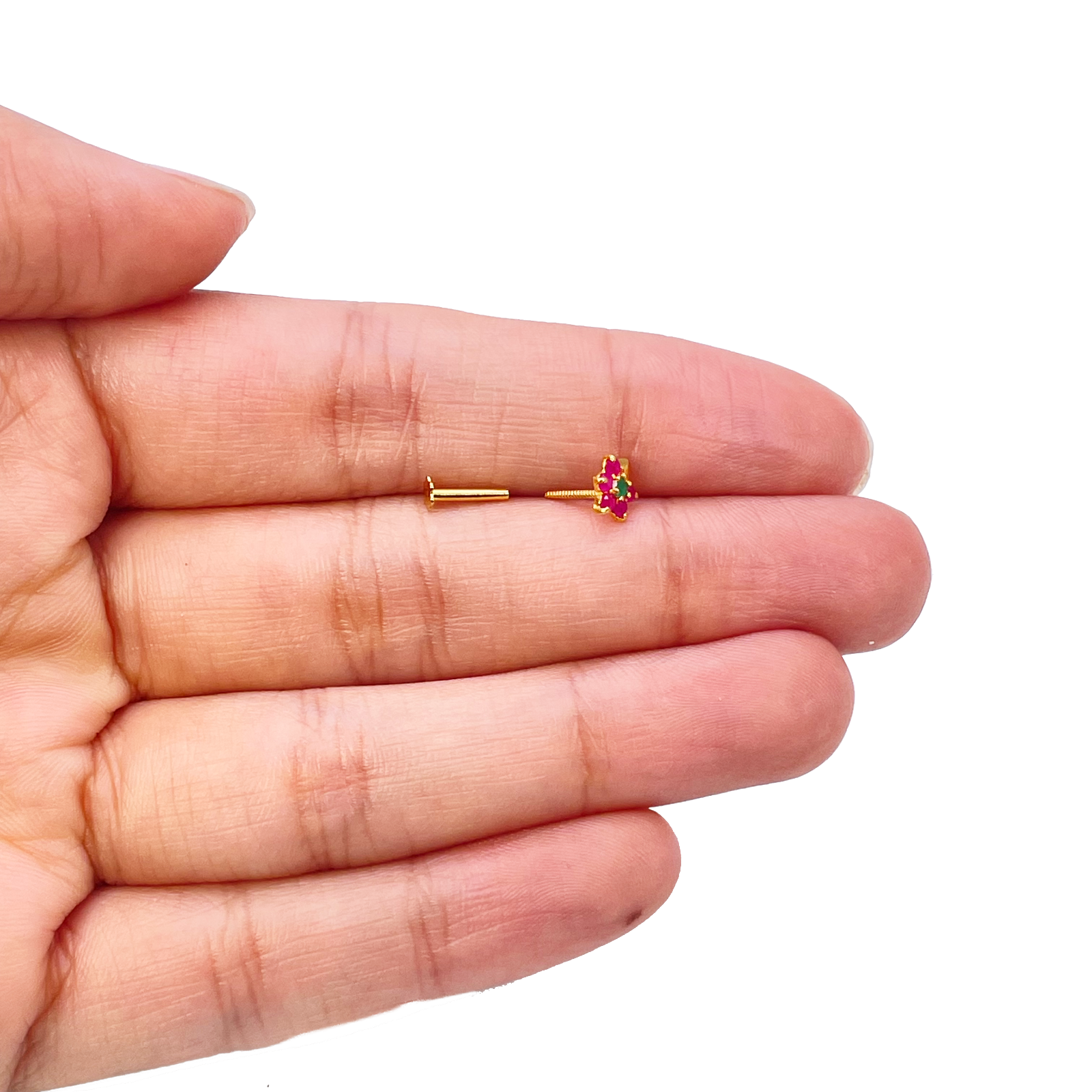 22ct Yellow Gold Floral Shaped Red & Green Gemstone Nose Pin/Stud 5.1mm Width