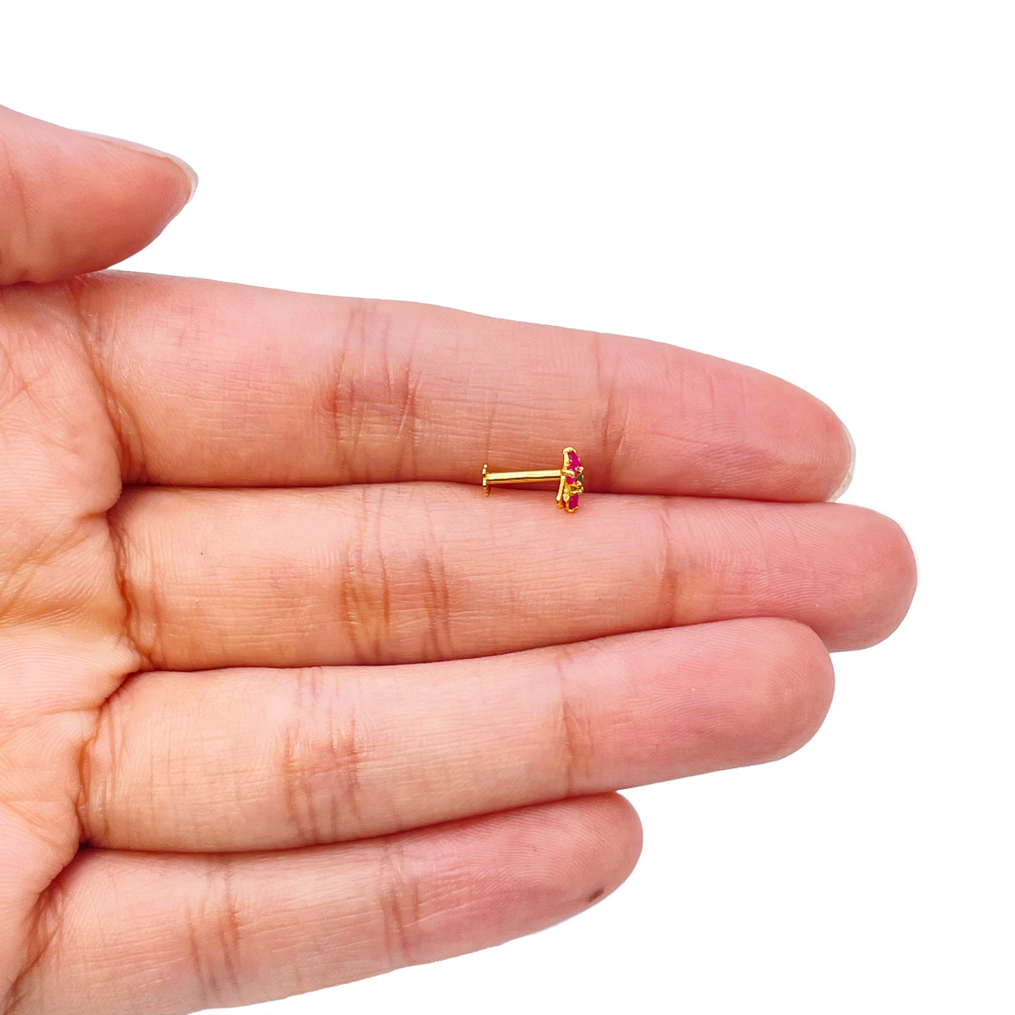 22ct Yellow Gold Floral Shaped Red & Green Gemstone Nose Pin/Stud 5.1mm Width