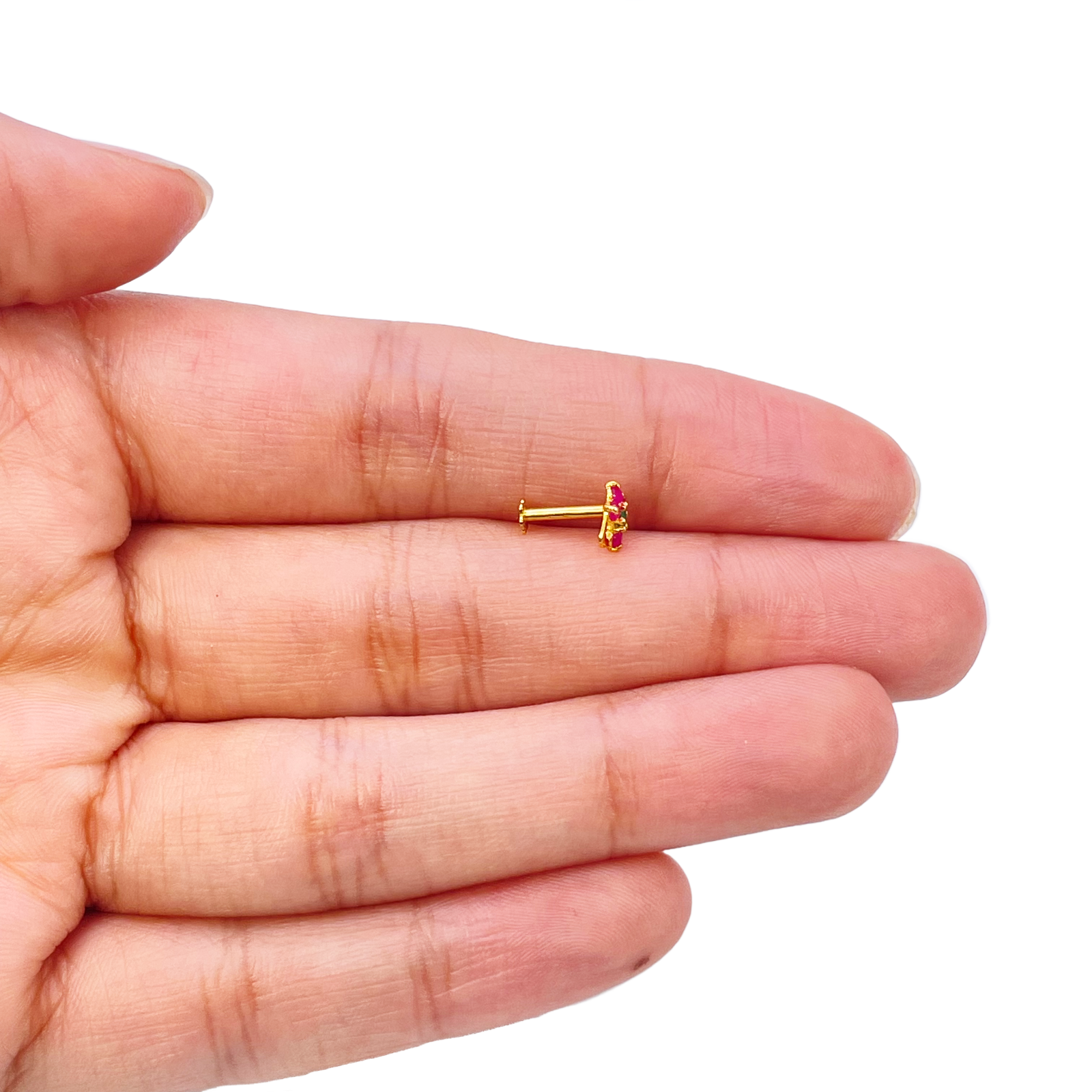 22ct Yellow Gold Floral Shaped Red & Green Gemstone Nose Pin/Stud 5.1mm Width