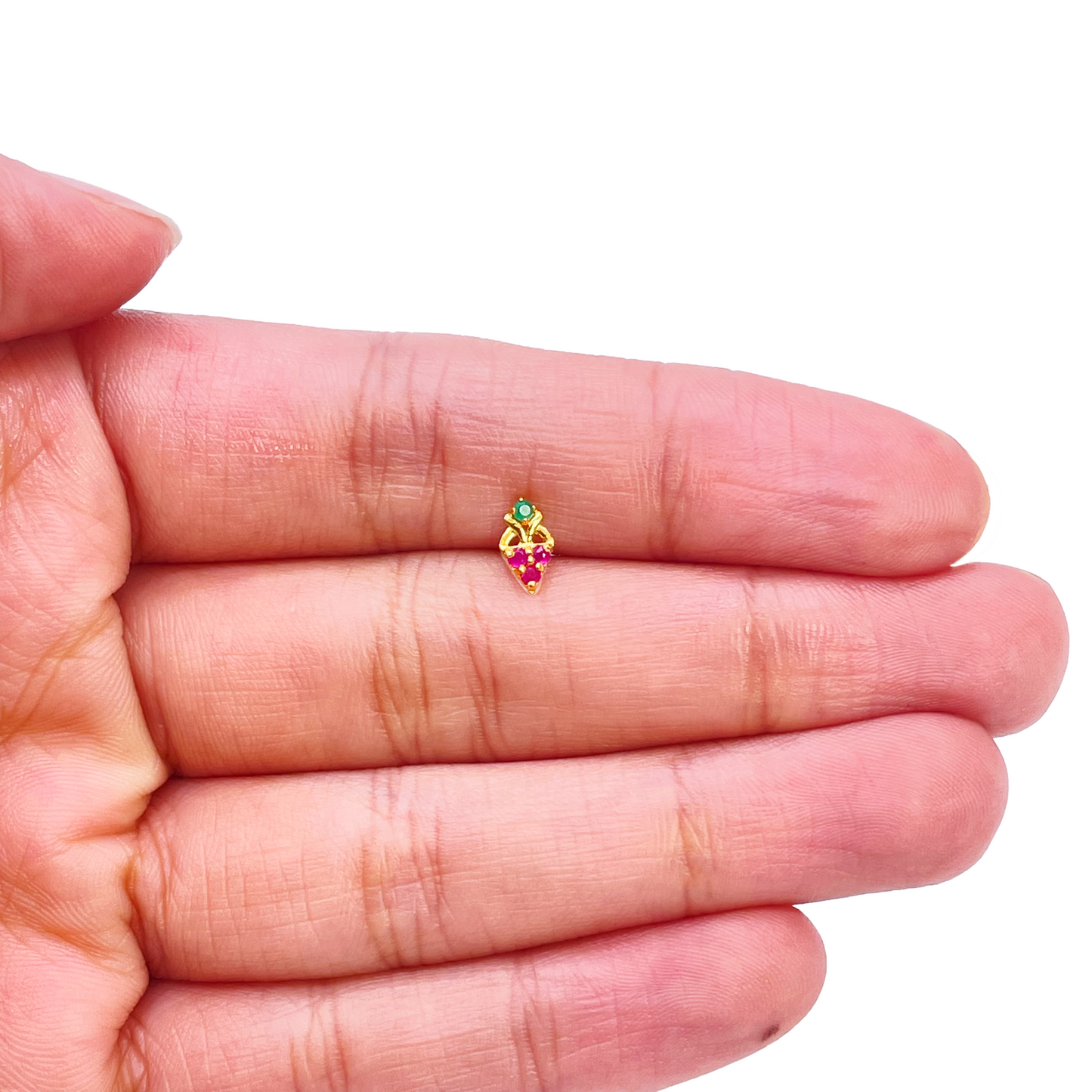22ct Yellow Gold Fruit Red & Green Gemstone Nose Pin/Stud 4mm Width