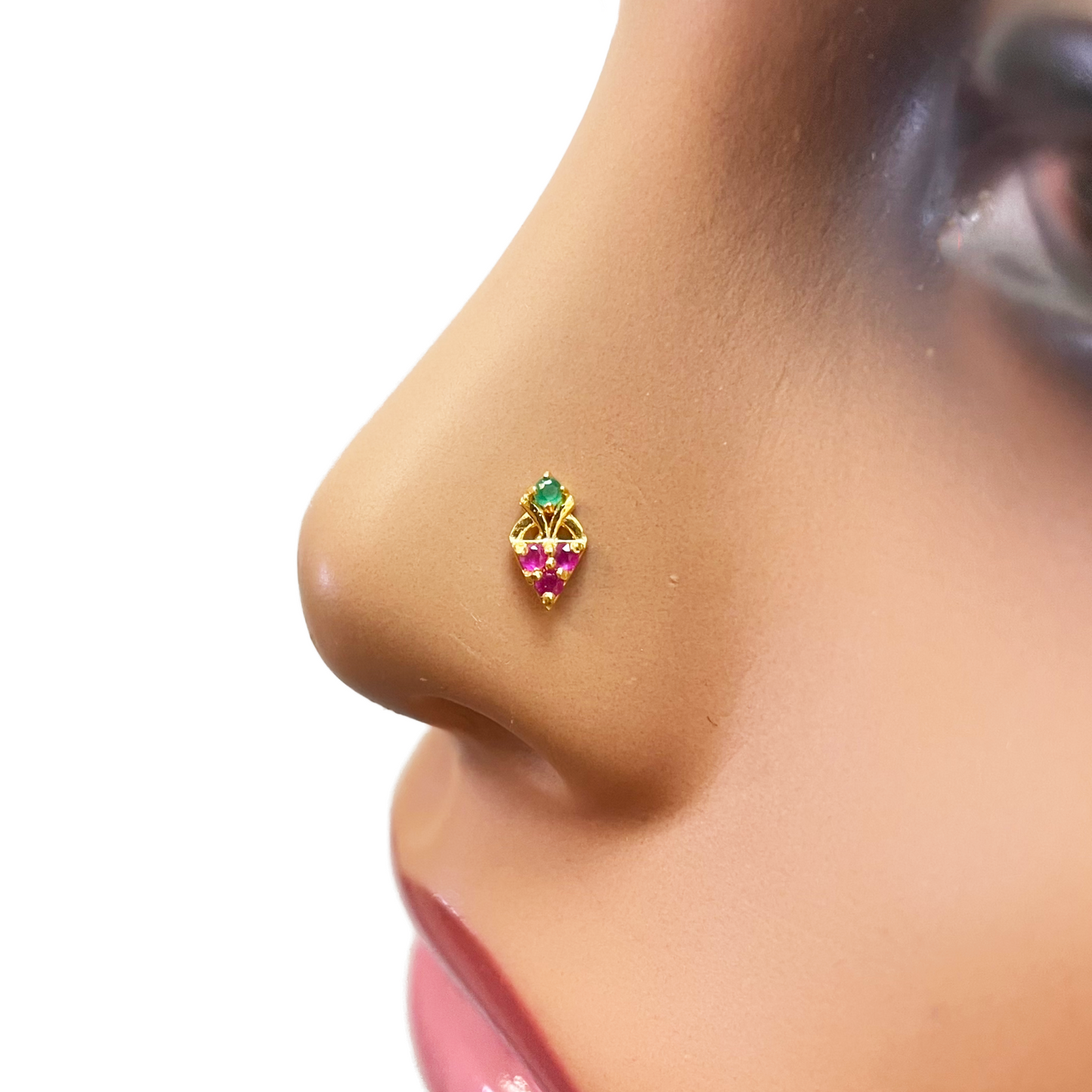 22ct Yellow Gold Fruit Red & Green Gemstone Nose Pin/Stud 4mm Width