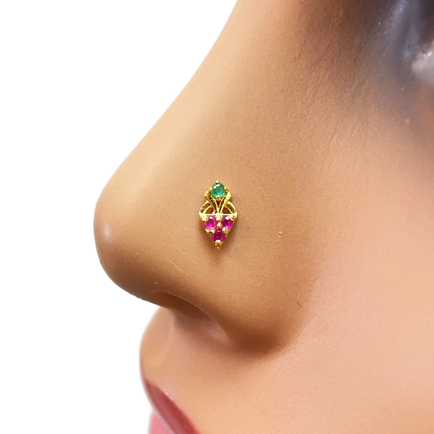 22ct Yellow Gold Fruit Red & Green Gemstone Nose Pin/Stud 4mm Width