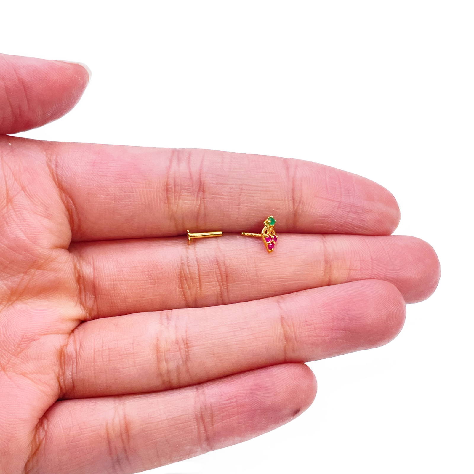 22ct Yellow Gold Fruit Red & Green Gemstone Nose Pin/Stud 4mm Width