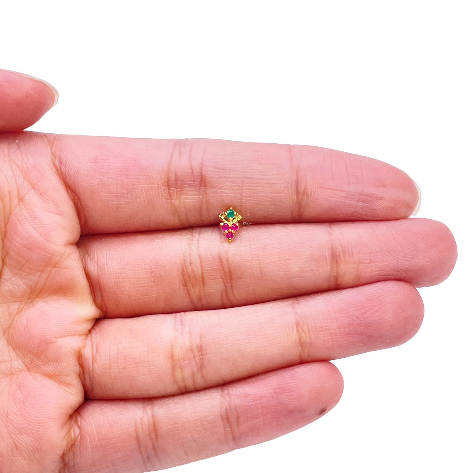 22ct Yellow Gold Fruit Red & Green Gemstone Nose Pin/Stud 4mm Width