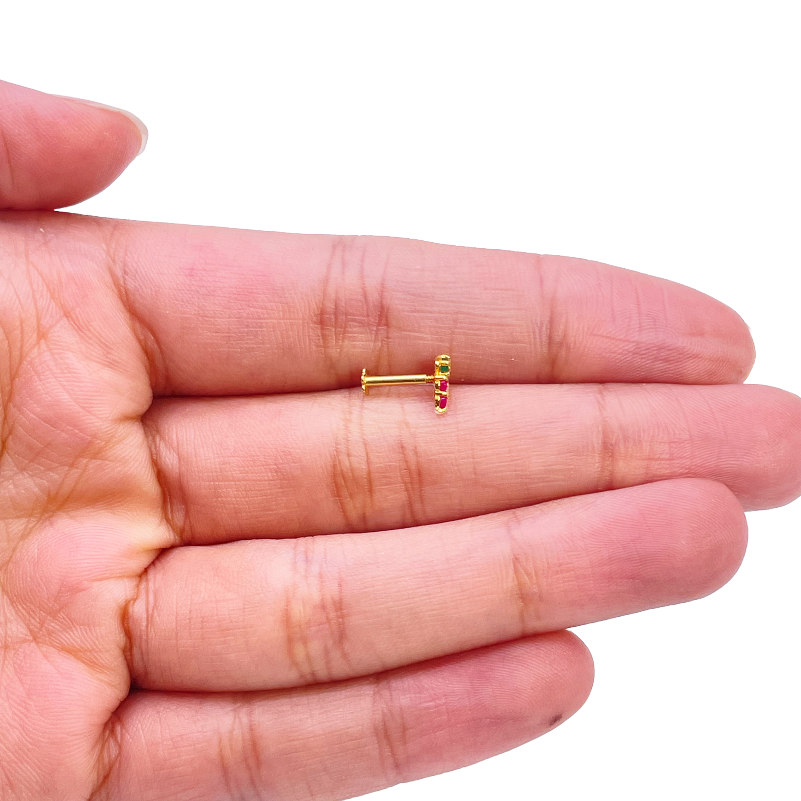 22ct Yellow Gold Fruit Red & Green Gemstone Nose Pin/Stud 4mm Width