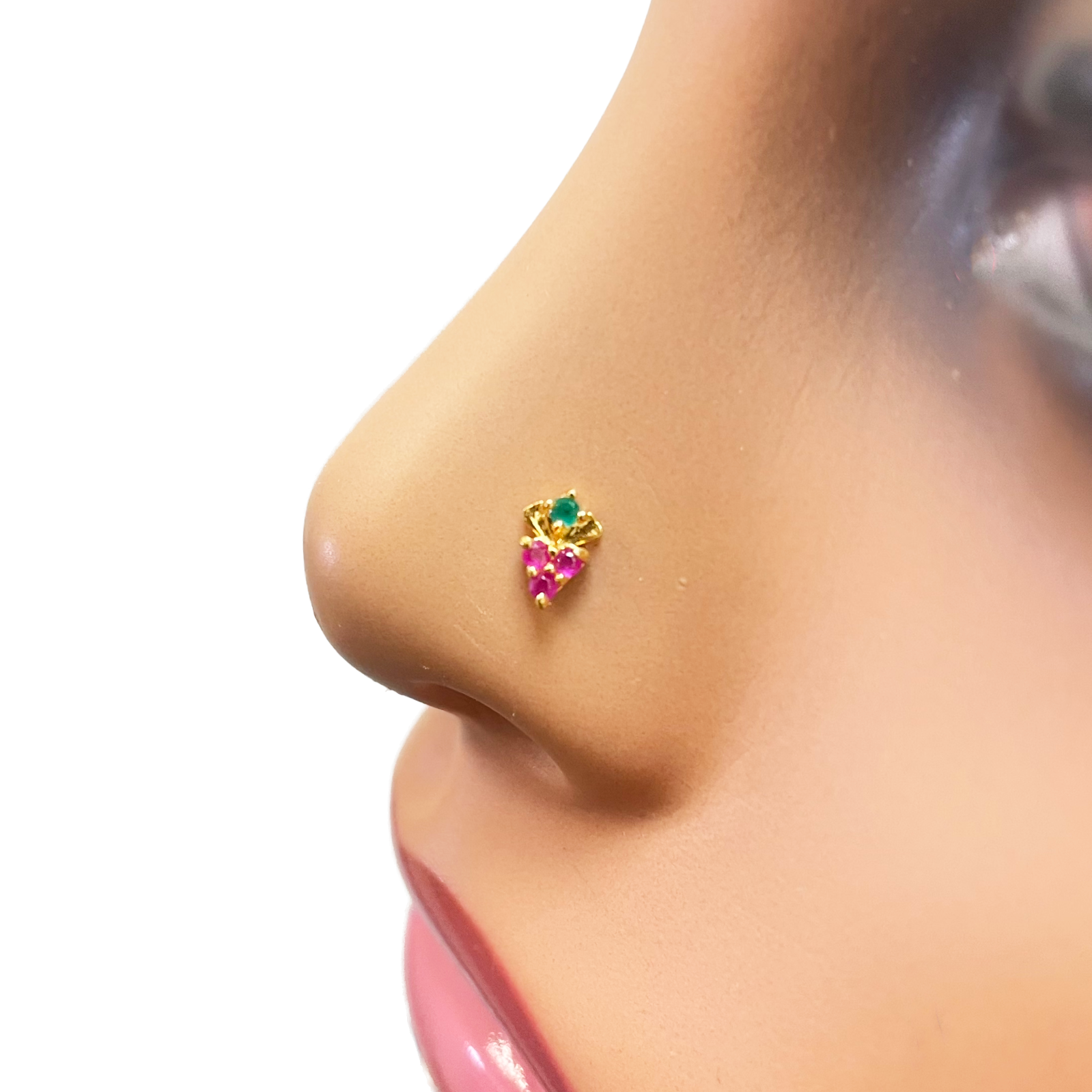 22ct Yellow Gold Fruit Red & Green Gemstone Nose Pin/Stud 4mm Width