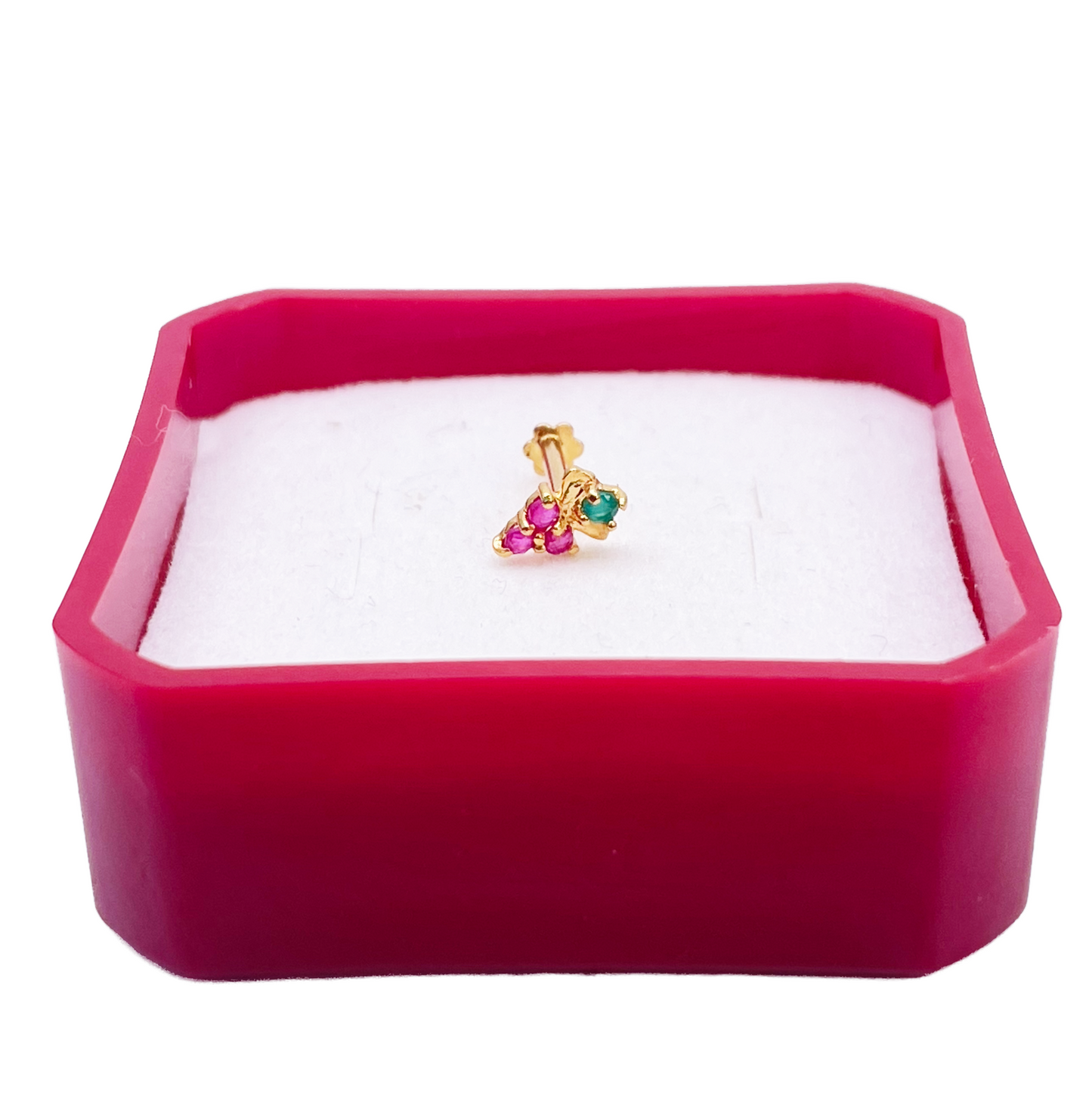 22ct Yellow Gold Fruit Red & Green Gemstone Nose Pin/Stud 4mm Width