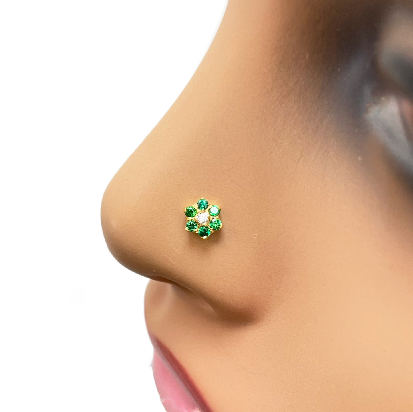 22ct Yellow Gold Floral Green Cubic Zirconia Nose Pin/Stud 5mm Width