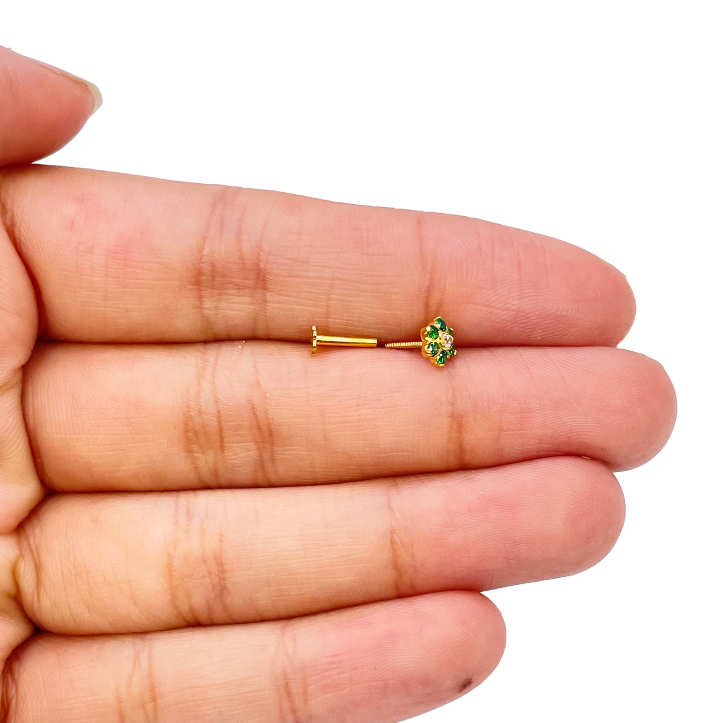 22ct Yellow Gold Floral Green Cubic Zirconia Nose Pin/Stud 5mm Width