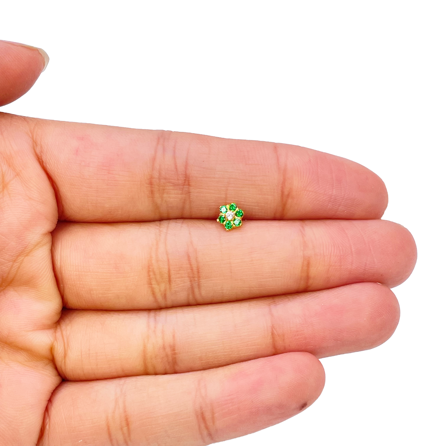 22ct Yellow Gold Floral Green Cubic Zirconia Nose Pin/Stud 5mm Width