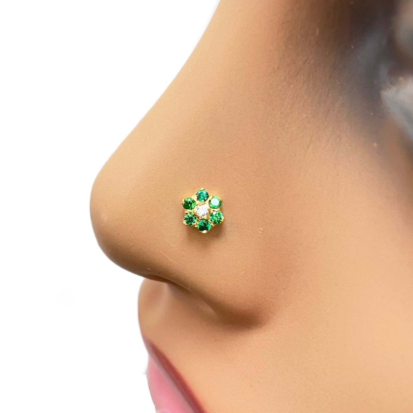 22ct Yellow Gold Floral Green Cubic Zirconia Nose Pin/Stud 5mm Width