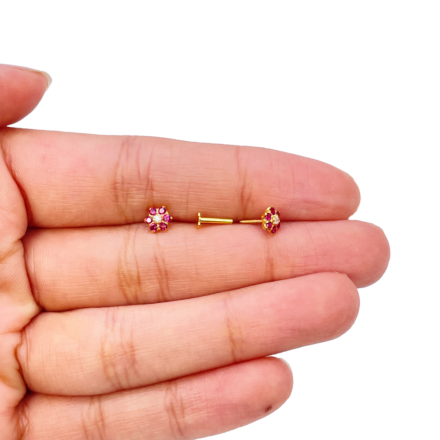22ct Yellow Gold Children's Red Cubic Zirconia Floral Stud Earrings 5mm