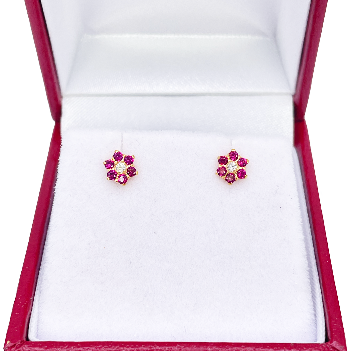 22ct Yellow Gold Children's Red Cubic Zirconia Floral Stud Earrings 5mm