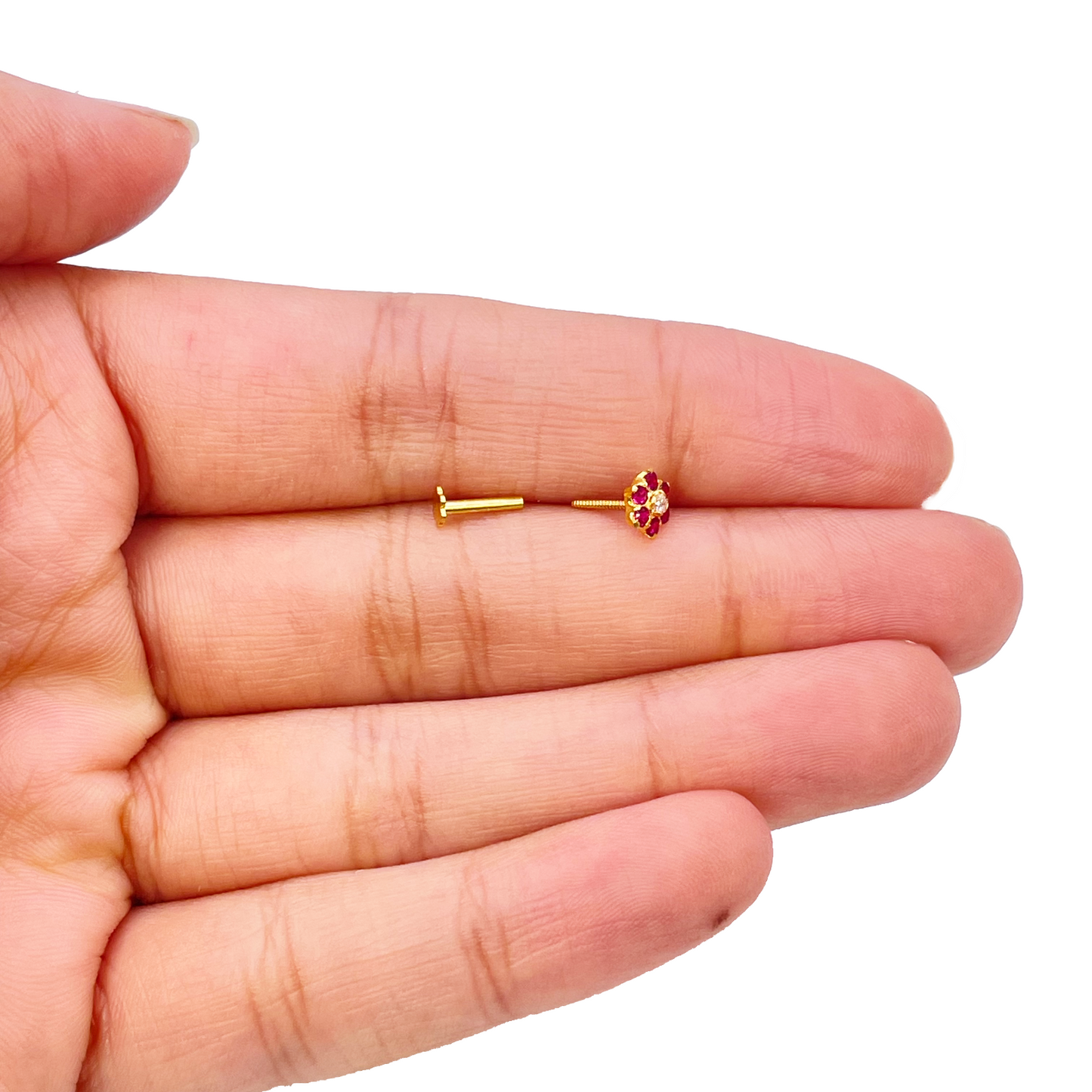 22ct Yellow Gold Floral Red Stone Nose Pin/Stud 5mm Width