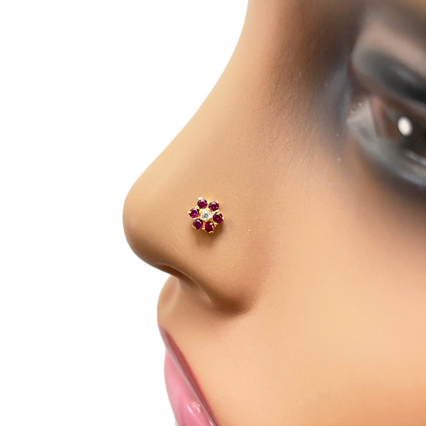 22ct Yellow Gold Floral Red Stone Nose Pin/Stud 5mm Width