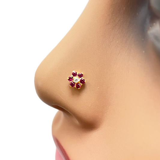 22ct Yellow Gold Floral Red Stone Nose Pin/Stud 5mm Width