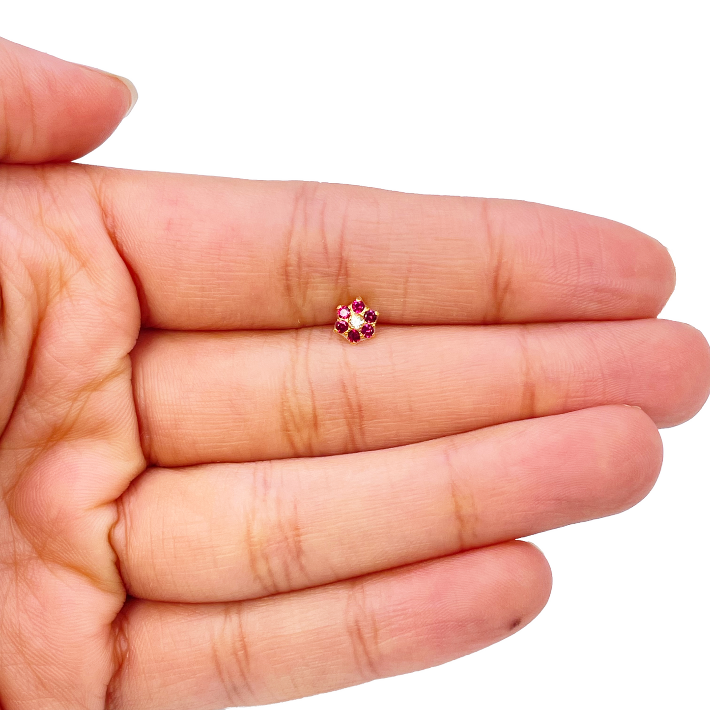 22ct Yellow Gold Floral Red Stone Nose Pin/Stud 5mm Width
