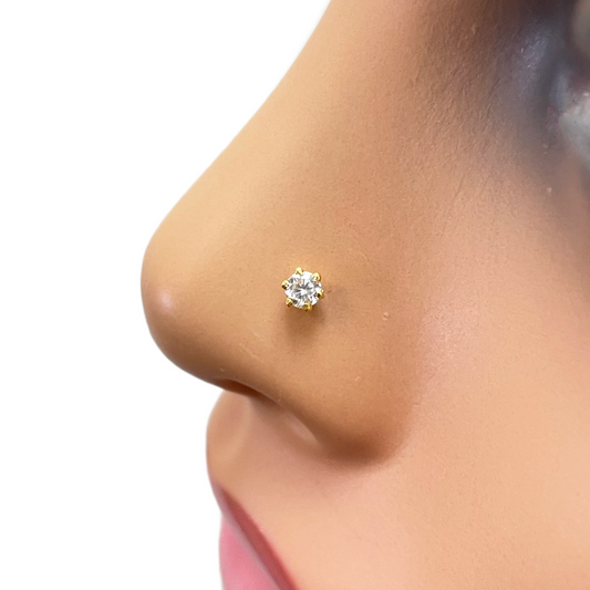 22ct Yellow Gold Six Claw Prong Cubic Zirconia Nose Stud/Pin 3mm Length