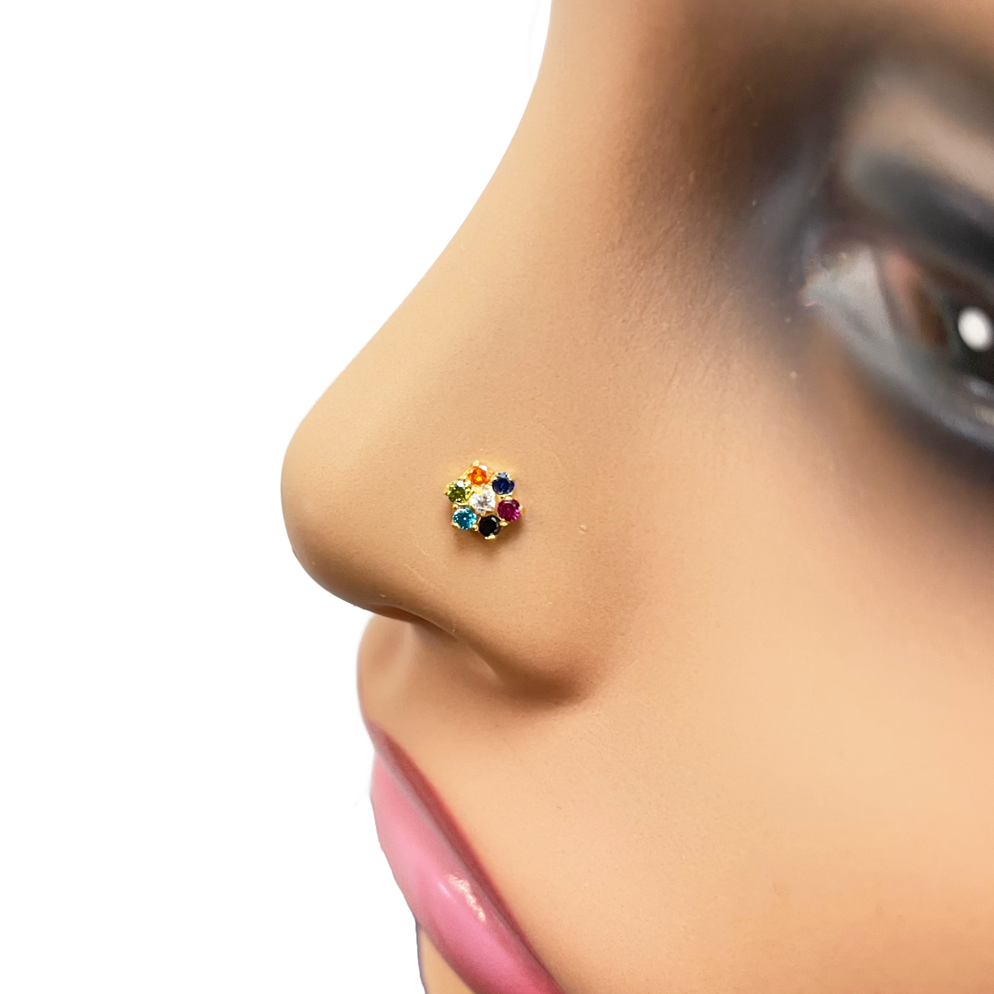 22ct Yellow Gold Floral Multicolour Stone Nose Pin/Stud 5mm Width