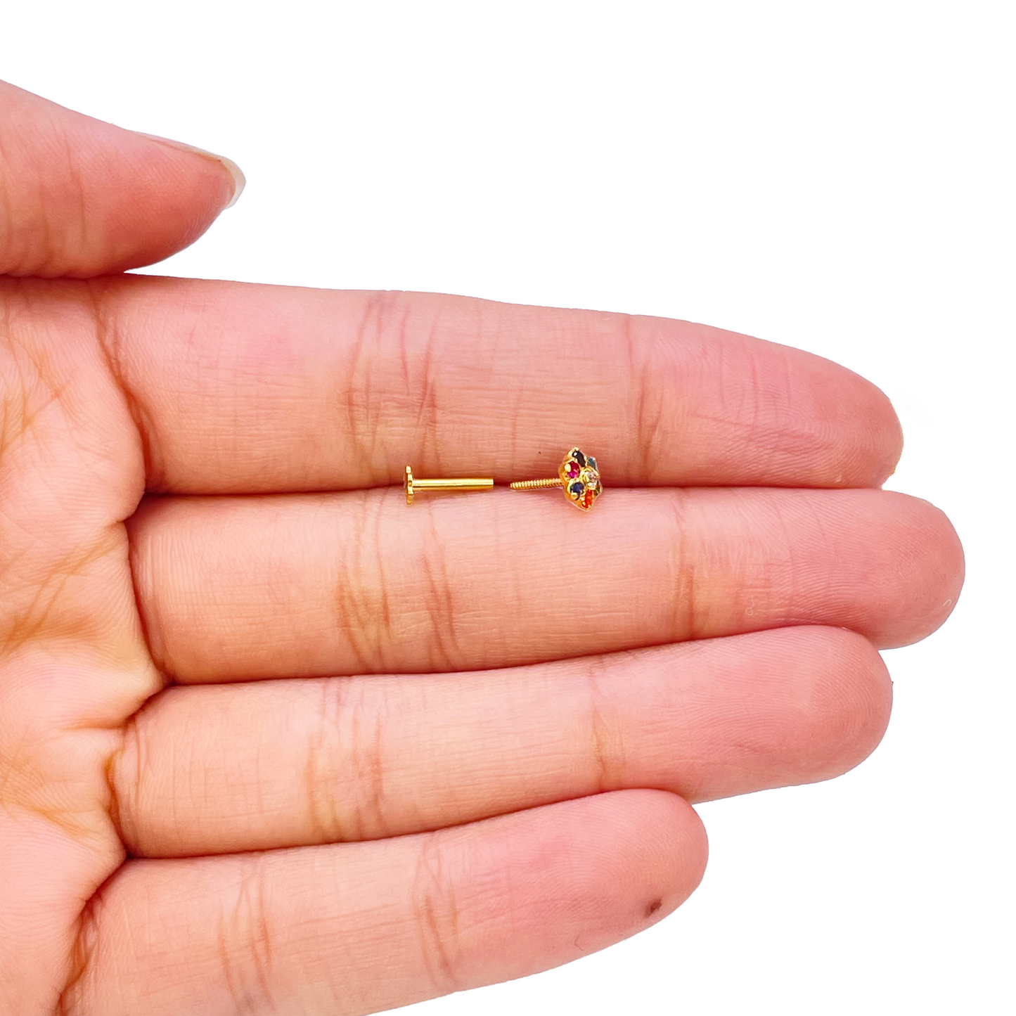 22ct Yellow Gold Floral Multicolour Stone Nose Pin/Stud 5mm Width