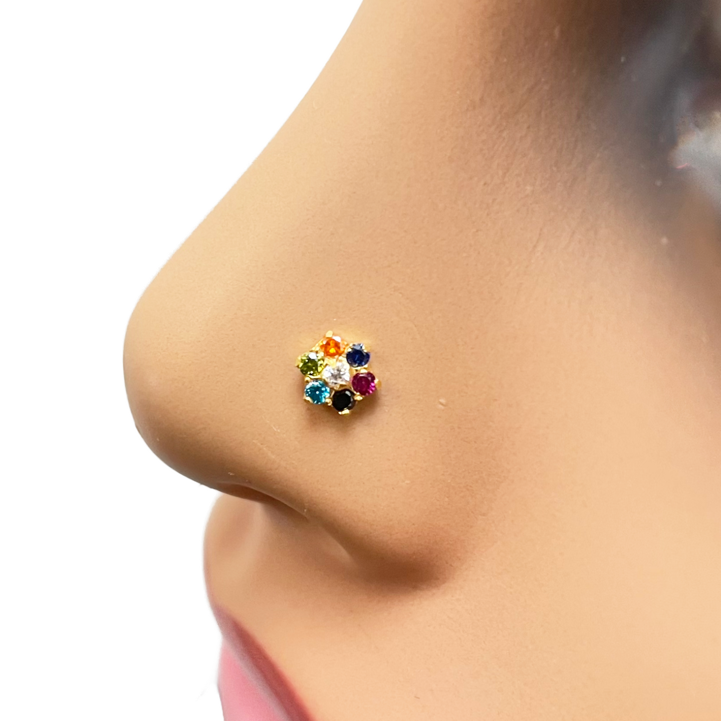 22ct Yellow Gold Floral Multicolour Stone Nose Pin/Stud 5mm Width