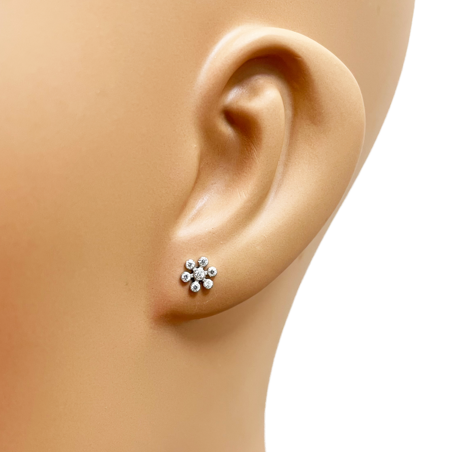 18ct White Gold Six Petal Flower Cubic Zirconia Bezel Children's Earrings 5.4mm Width