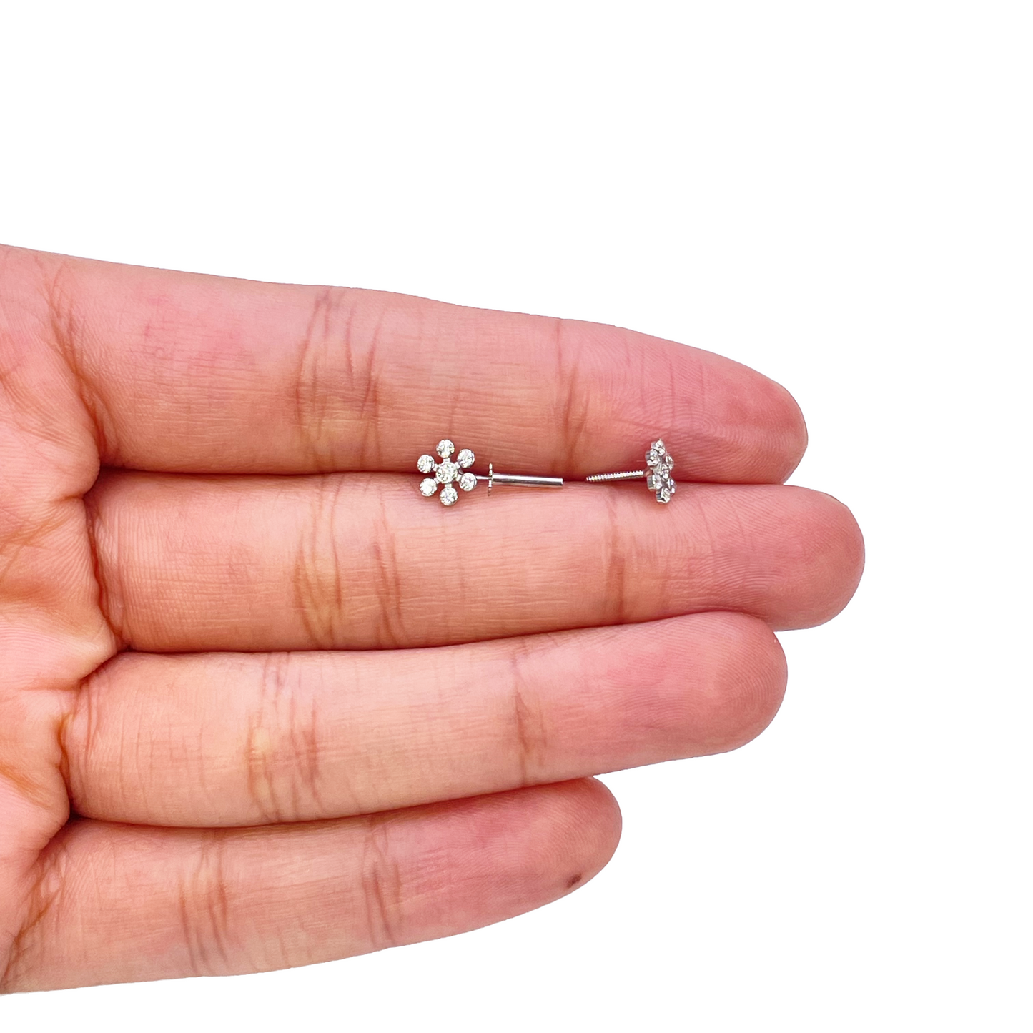 18ct White Gold Six Petal Flower Cubic Zirconia Bezel Children's Earrings 5.4mm Width