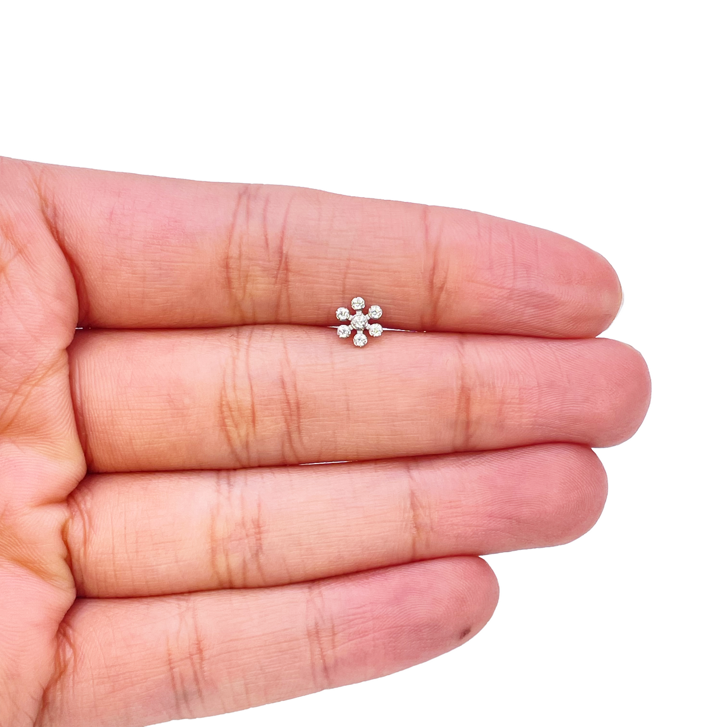 18ct White Gold Six Petal Flower Cubic Zirconia Bezel Nose Stud/Pin 5.4mm Length