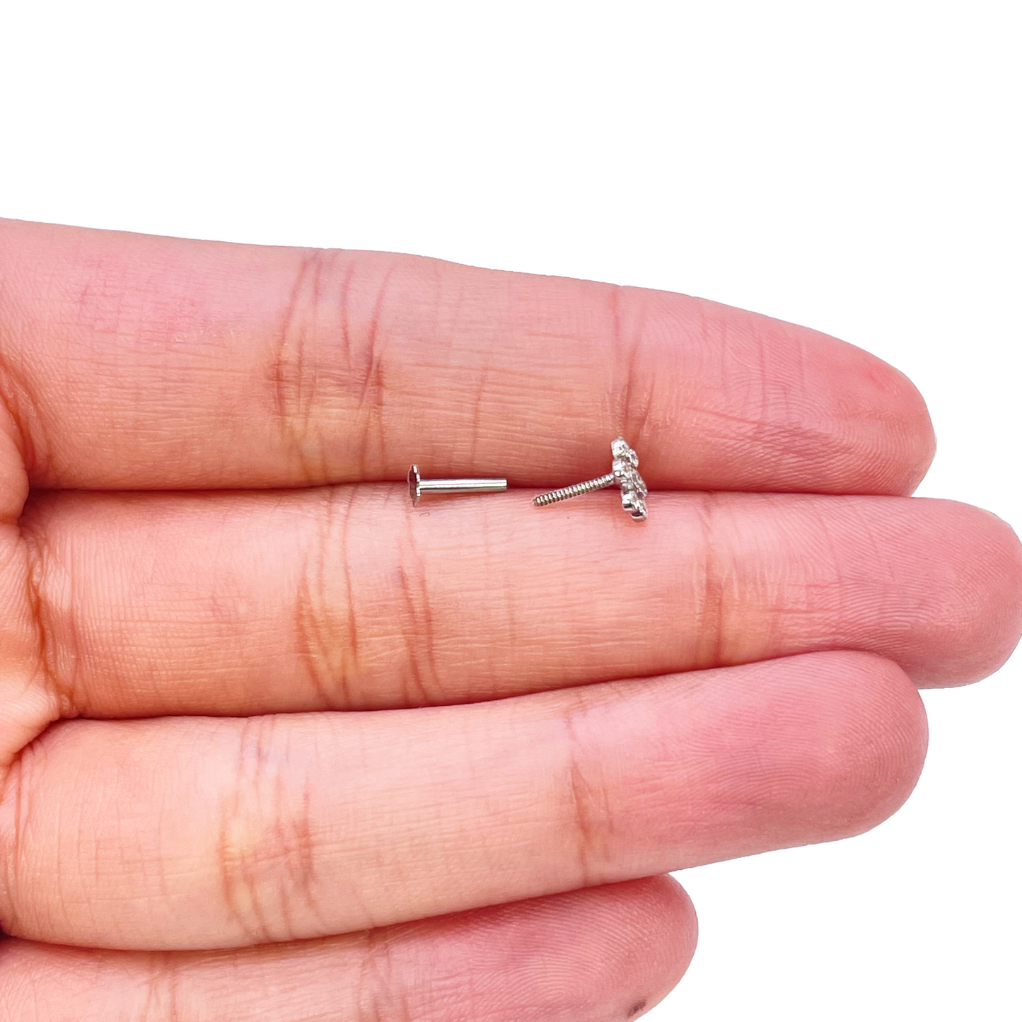 18ct White Gold Six Petal Flower Cubic Zirconia Bezel Nose Stud/Pin 5.4mm Length